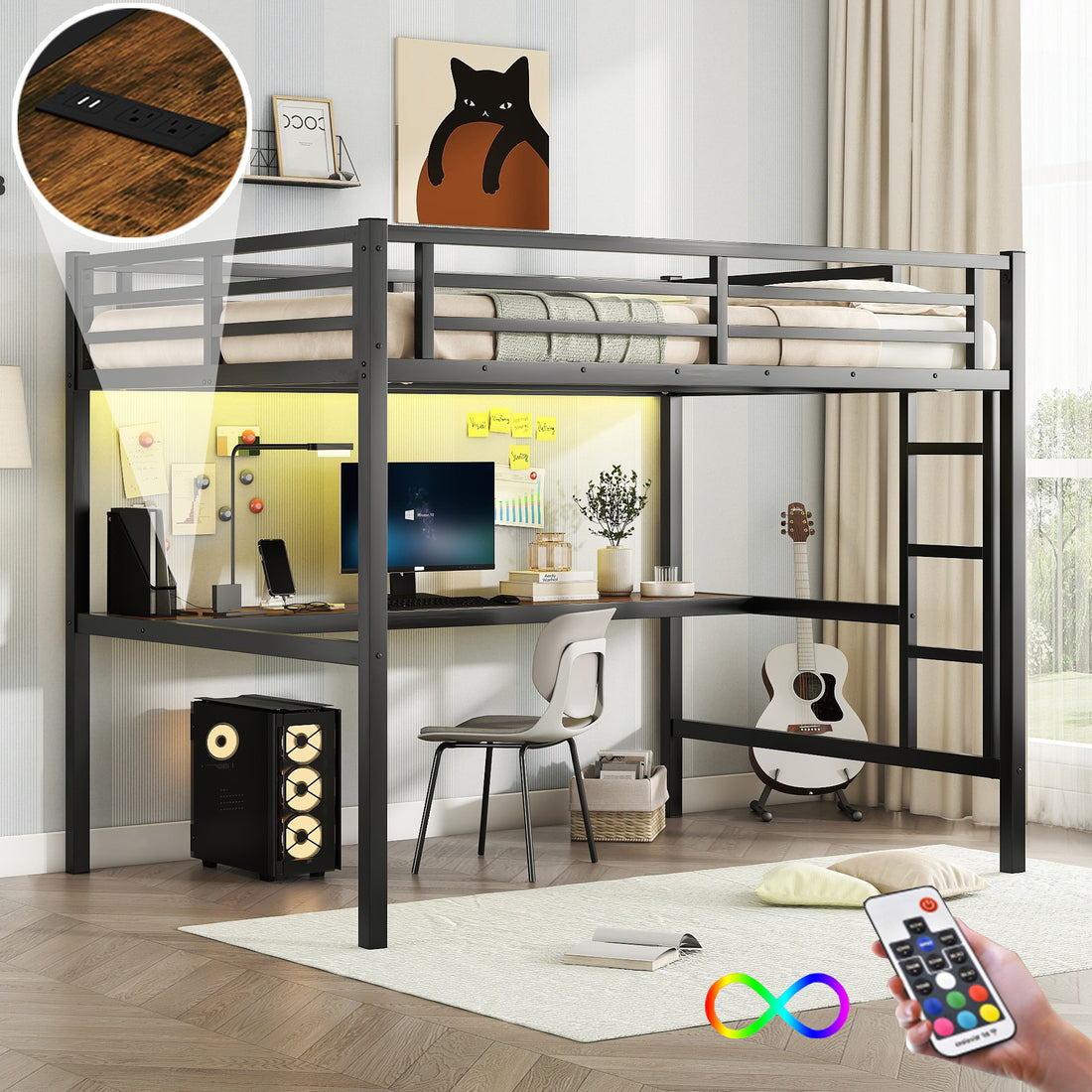 Metal Full Size Loft Bed With Power Outlet And Led Lighted, Space Saving, Noise Reduced, Black Full Black Metal