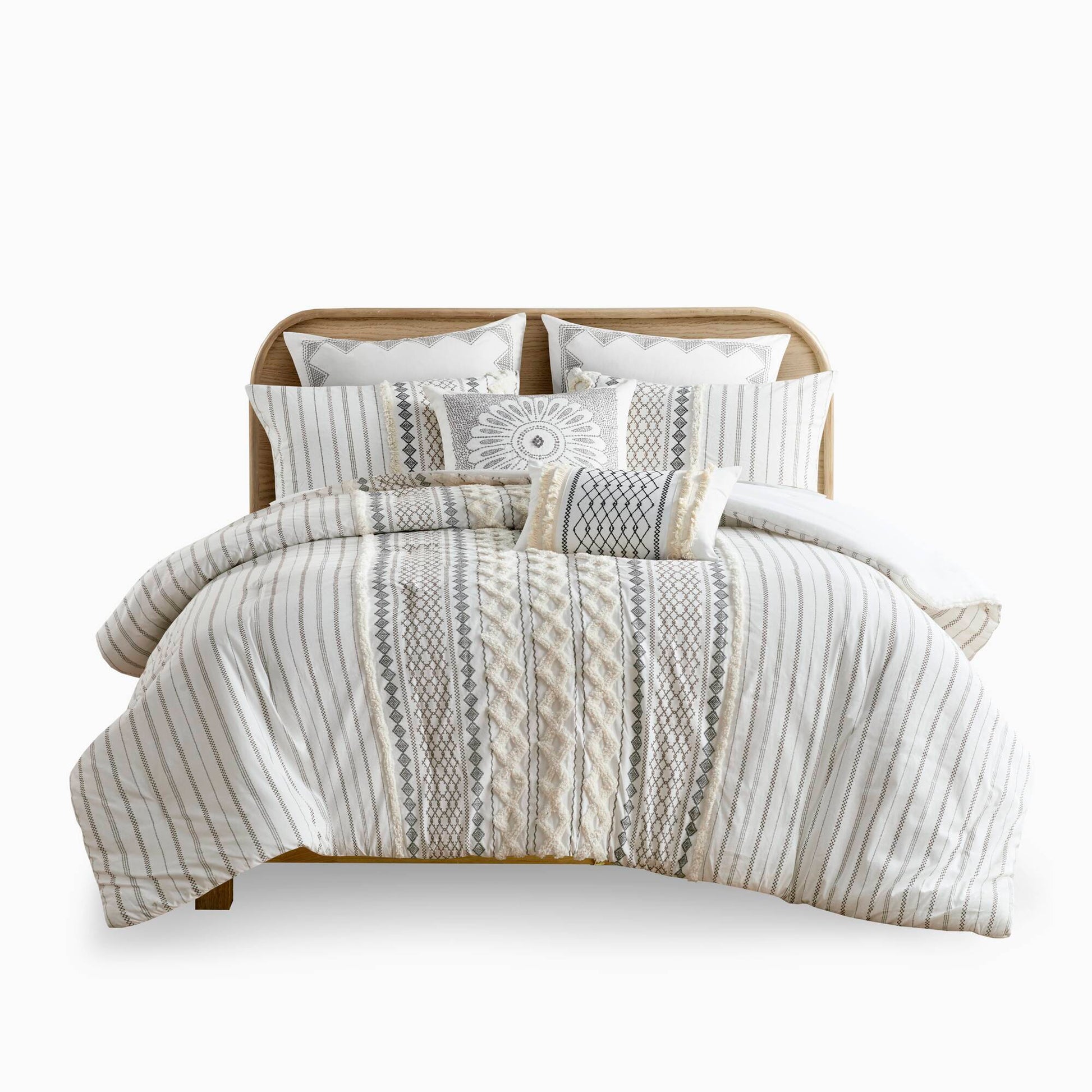 Cotton Printed Comforter Set With Chenille Ivory Full Queen Queen Ivory Cotton