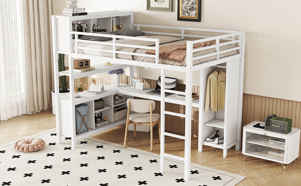 Metal Loft Bed With Wardrobe And L Shaped Desk, Full Size Loft Bed With Storage Cubes And Shelves, Heavy Duty Loft Bed For Kids Teens Adults, White Full Off White Metal
