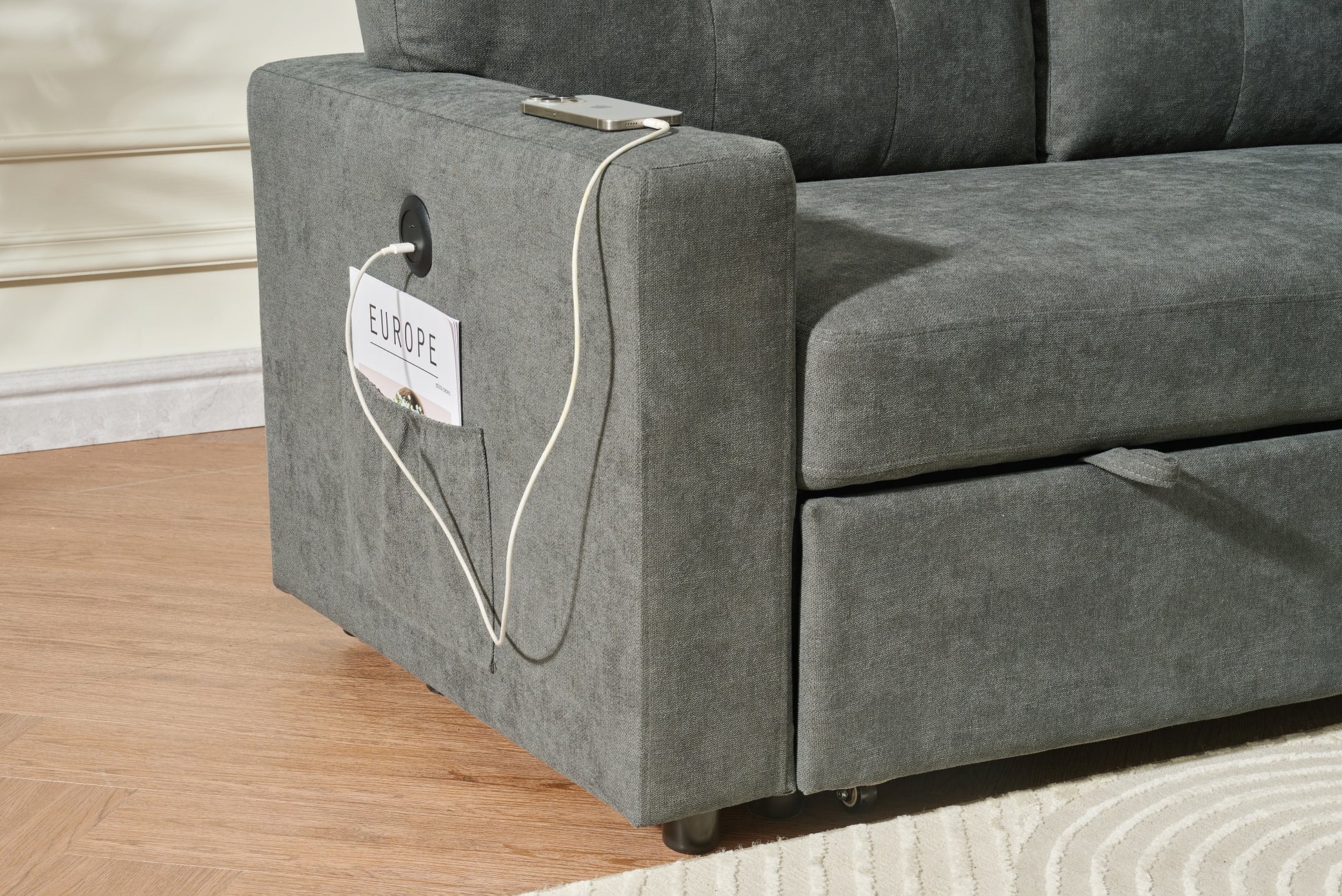 Sectional Sofa Bed L Shaped Sofa Couch Bed With Usb Port, Reversible Sofa Couch Sleeper With Pull Out Bed, Chaise With Storage, Pull Out Couch For Living Room Dark Gray Wood Fabric 3 Seat