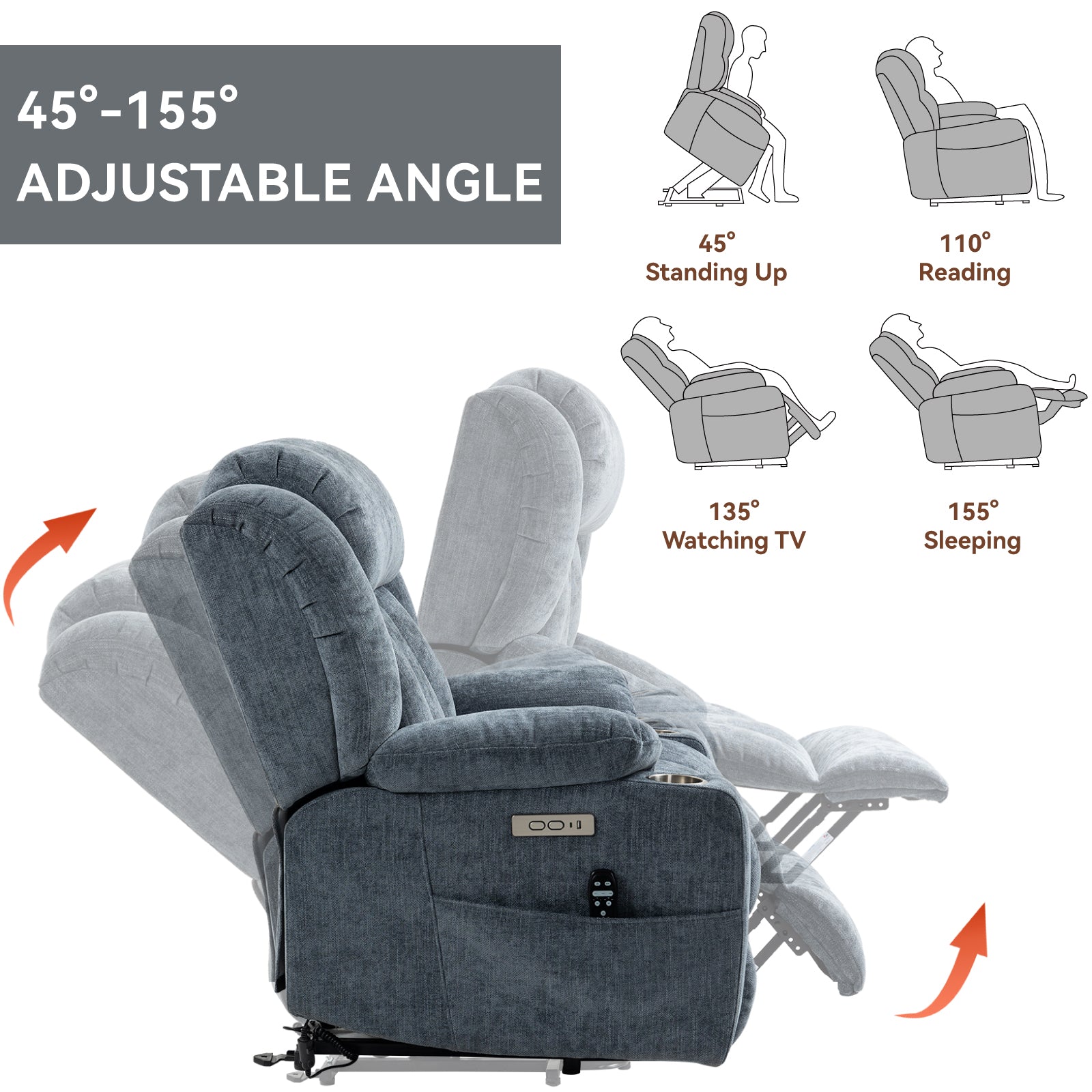 Up To 350 Lbs Chenille Power Lift Recliner Chair, Heavy Duty Motion Mechanism With 8 Point Vibration Massage And Lumbar Heating, Usb And Type C Ports, Stainless Steel Cup Holders, Blue White Metal Primary Living Space Heavy Duty Pine Blue Chenille Power