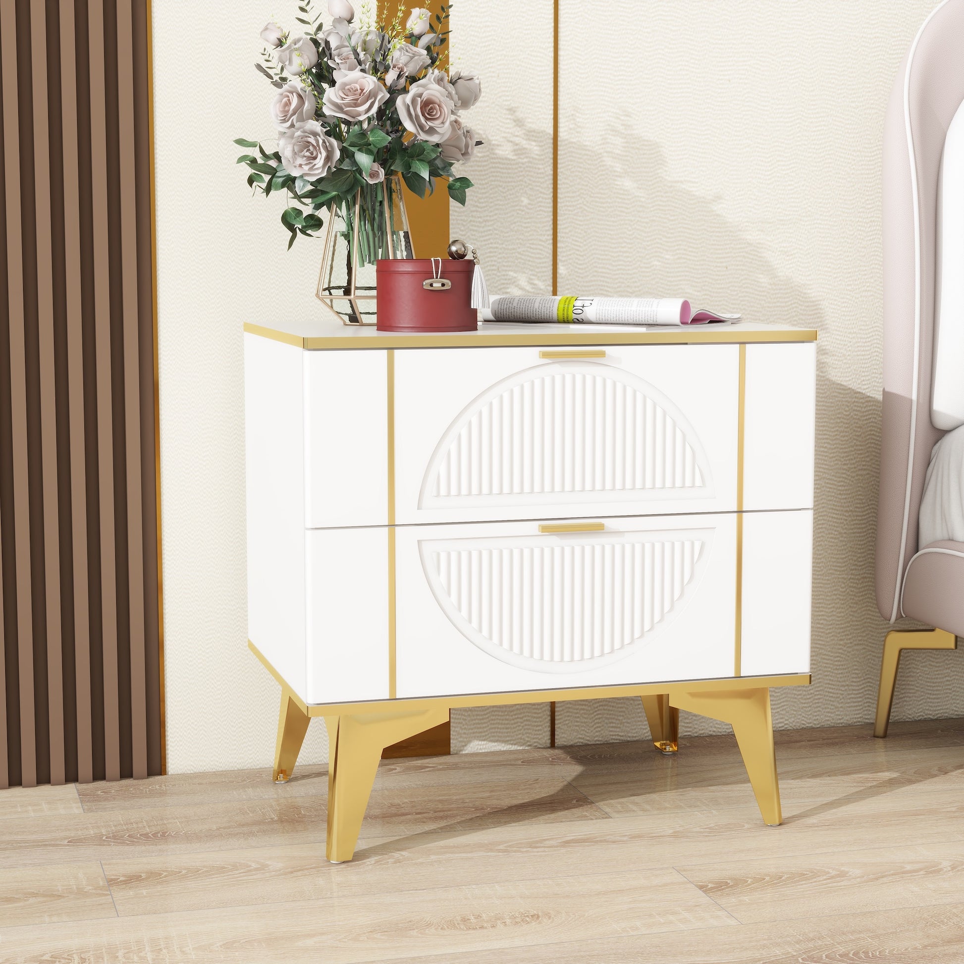 Two Pack White 2 Drawer Round Card Gold Bar Blister Nightstand White Wood