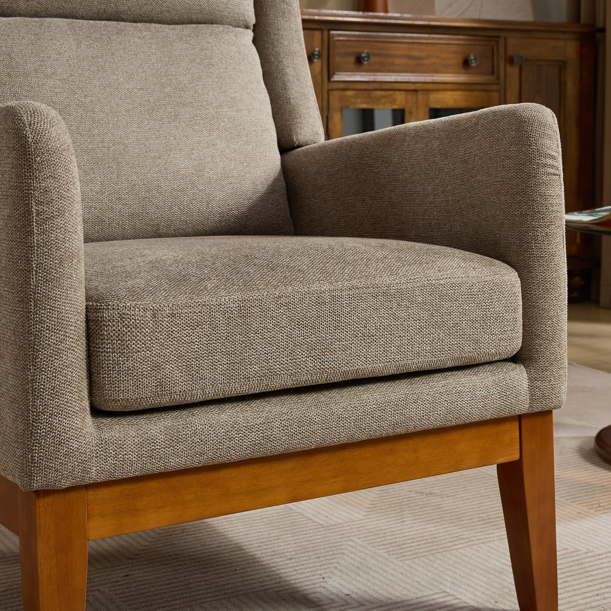 26.18" Wide Modern Accent Chair,Polyester Blend High Back Reading Chair ,Upholstered Armchair Club Chair,Single Sofa With Wood Legs For Living Room,Bedroom,Reading Room,Office,Taupe Taupe Foam