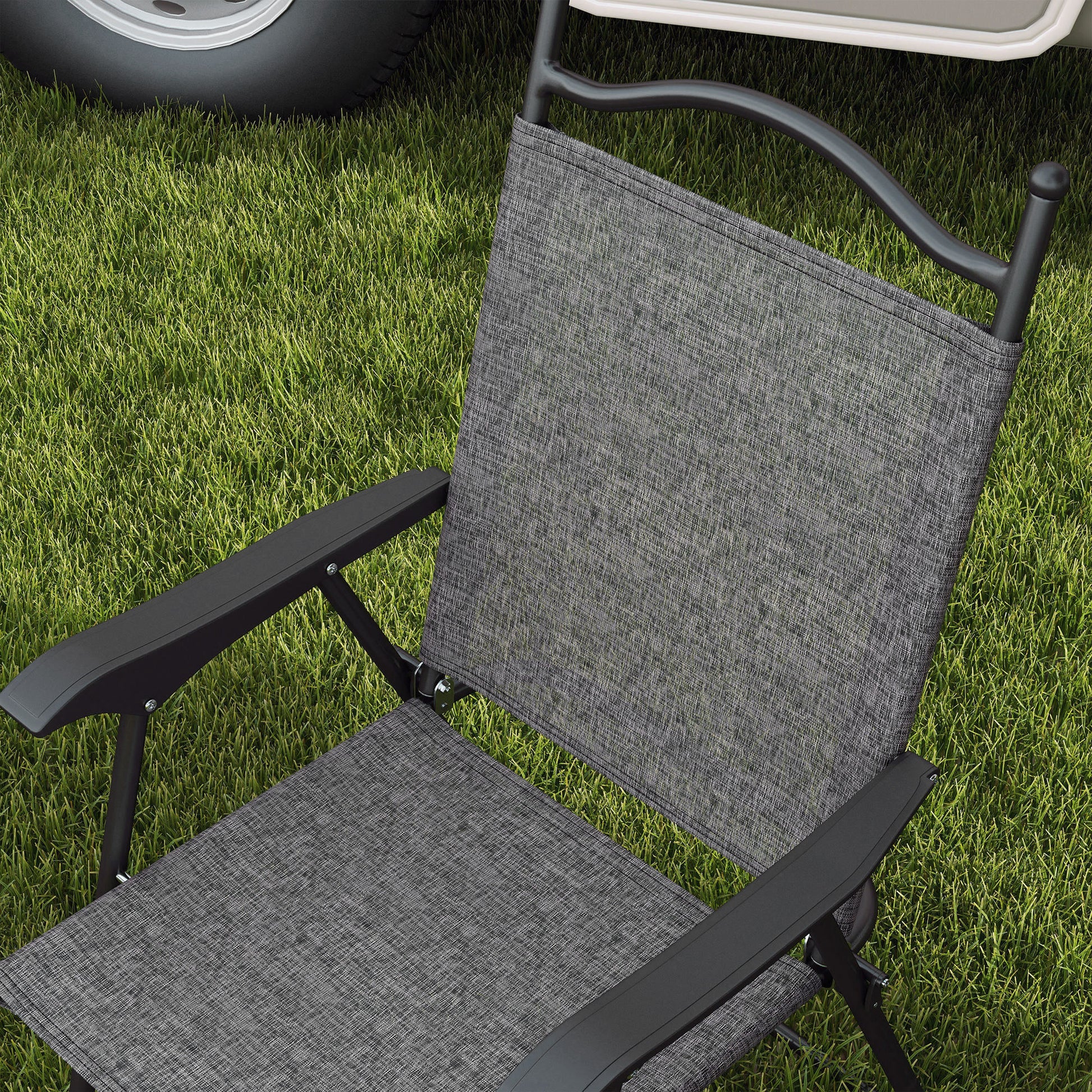 Outsunny Folding Patio Chairs, Set Of 4 Sports Chairs For Adults, Camping Chairs With Armrests,Mesh Fabric Seat For Lawn, Gray Gray Metal