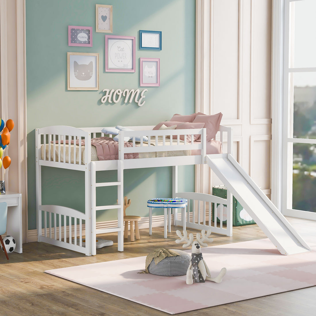 Twin Size Loft Bed With Slide And Ladder, White Old Sku: Lt000504Aak White Solid Wood
