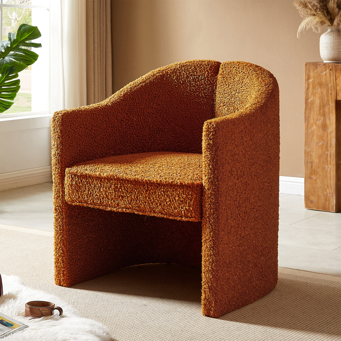 Mirod Stylish Curved Design, Comforting Embrace, Versatile Aesthetic, Dual Purpose Decorative Accent Chair, For Living Room,Bedroom And Study Caramel Boucle