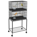 Pawhut Double Stackable Bird Cage With Stand, Wooden Swing, Rope Ladder & Wheels For Canaries, Lovebirds Finches, Budgie Cage With Storage Shelf, Removable Tray, Wooden Perches & Food Containers Black Steel