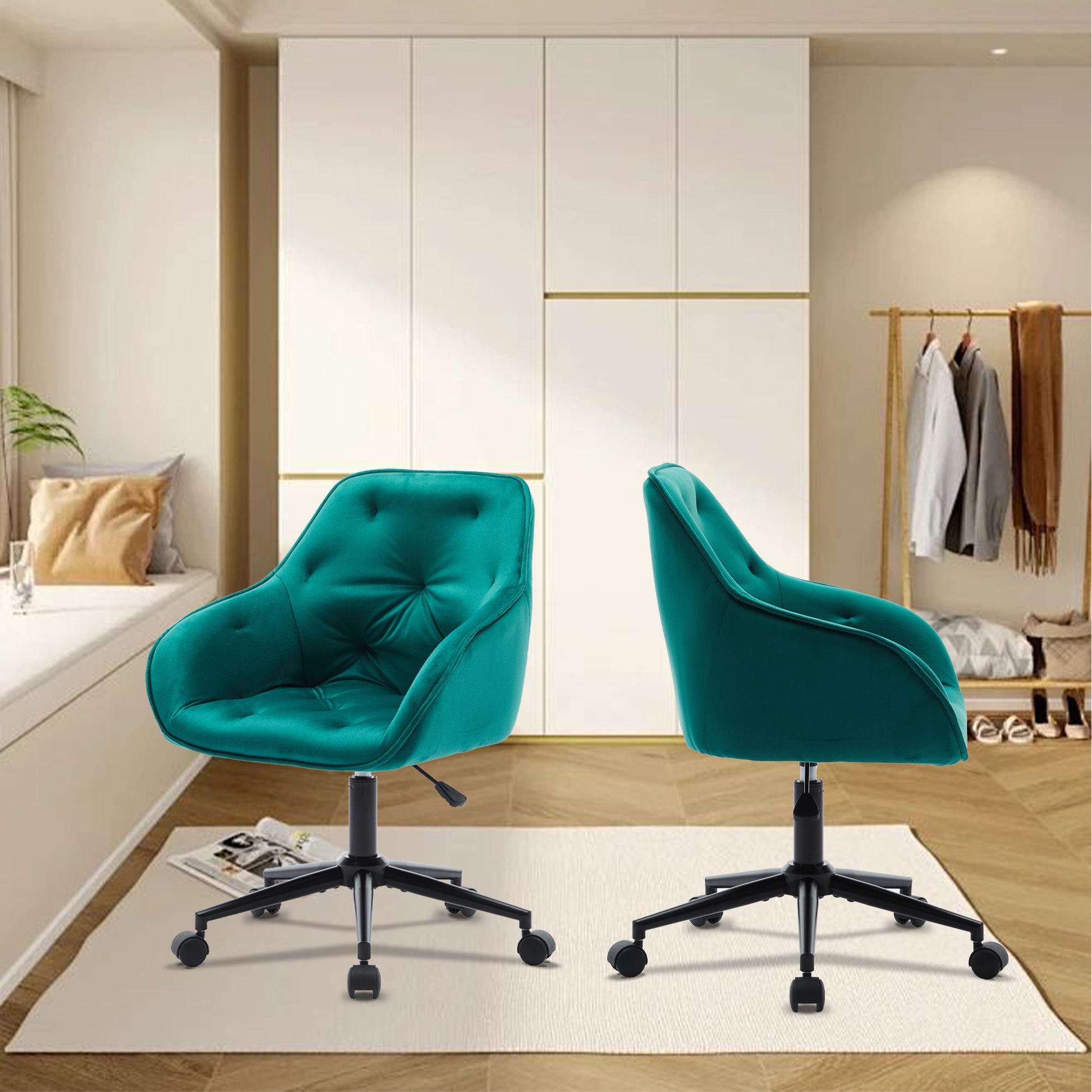 Elegent Velvet Office Chair With Wheels, Makeup Vanity Chair Height Adjustable For Teens Women Girls, Comfy Swivel Modern Leisure Armchair For Home Office, Bedroom, Study And Vanity. Green Green Primary Living Space Luxury,Modern Foam Iron