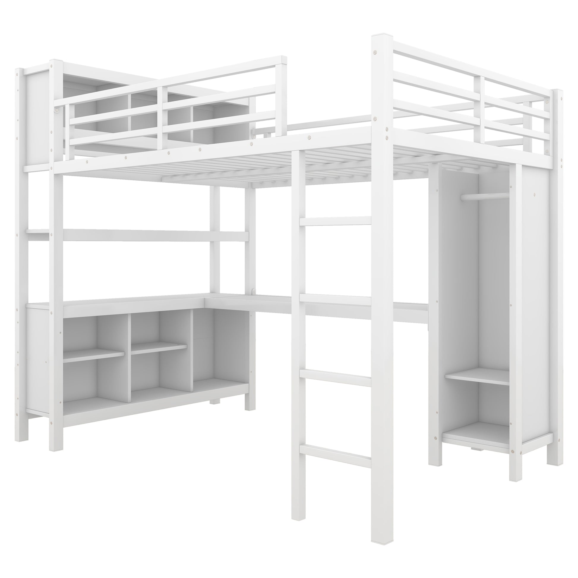 Metal Loft Bed With Wardrobe And L Shaped Desk, Full Size Loft Bed With Storage Cubes And Shelves, Heavy Duty Loft Bed For Kids Teens Adults, White Full Off White Metal
