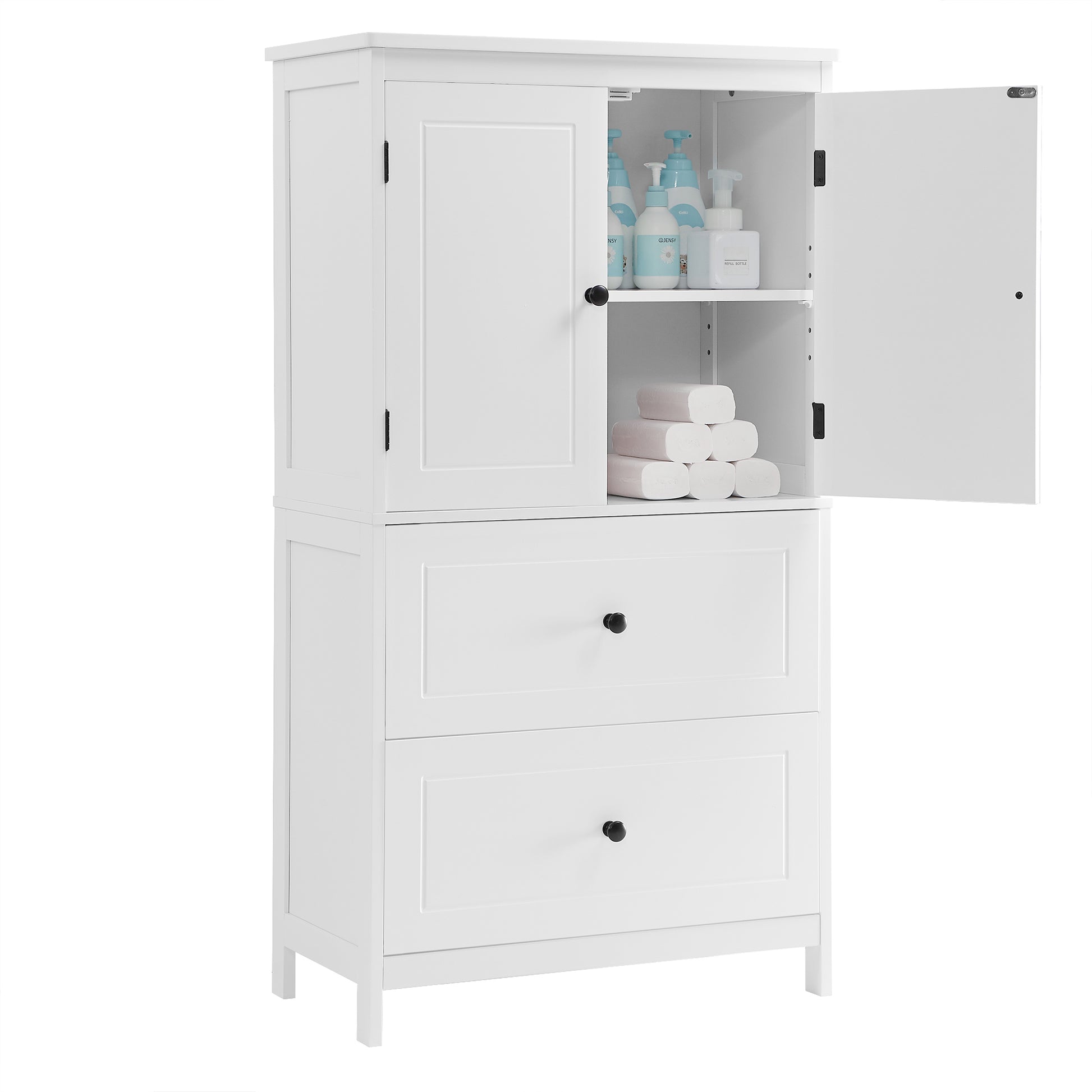Bathroom Storage Cabinet, Cabinet With Two Doors And Drawers, Adjustable Shelf, Mdf Board, White White Mdf