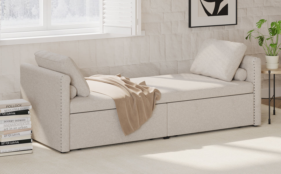 Modern Upholstered Chaise Lounger Daybed Small Single Daybed With 2 Drawers, No Mattress Needed, Perfect For Living Rooms & Home Office, Linen Fabric, Beige Beige Linen