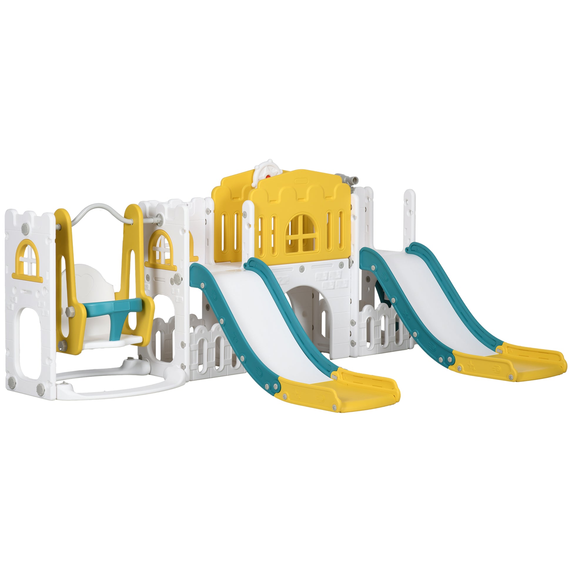 Qaba 8 In 1 Toddler Slide And Swing Set With 2 Slides, Baby Slide For Ages 1 3 With Basketball Hoop, Climber, Aisle, Steering Wheel, Storage Space, Telescope, Indoor Playground, Yellow Yellow