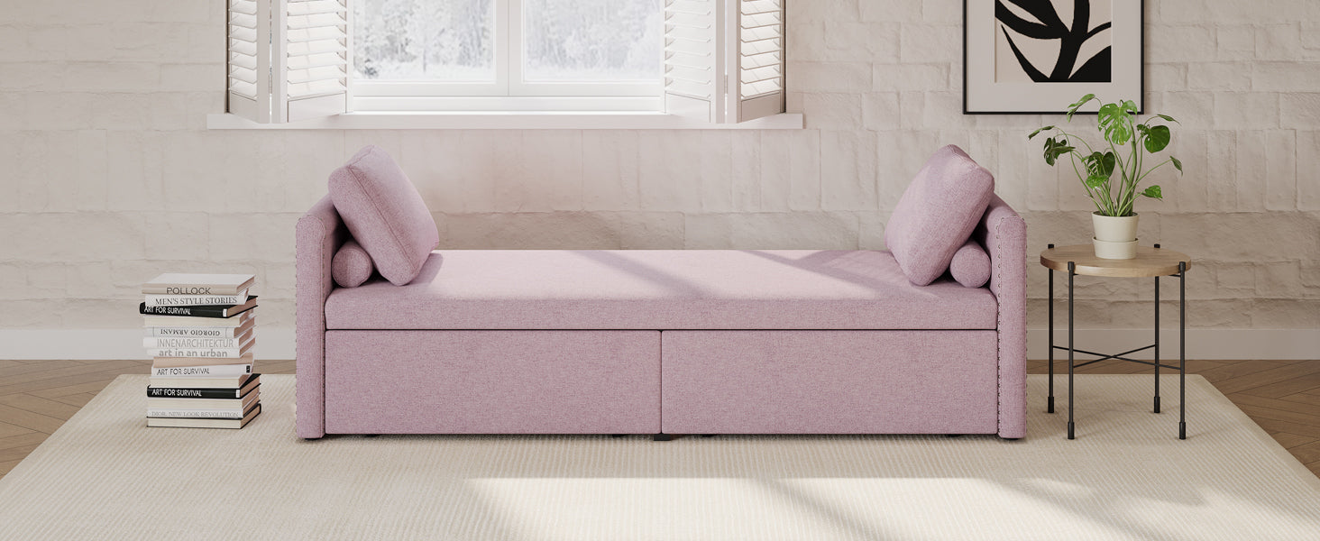 Modern Upholstered Chaise Lounger Daybed Small Single Daybed With 2 Drawers, No Mattress Needed, Perfect For Living Rooms & Home Office, Linen Fabric, Pink Pink Linen