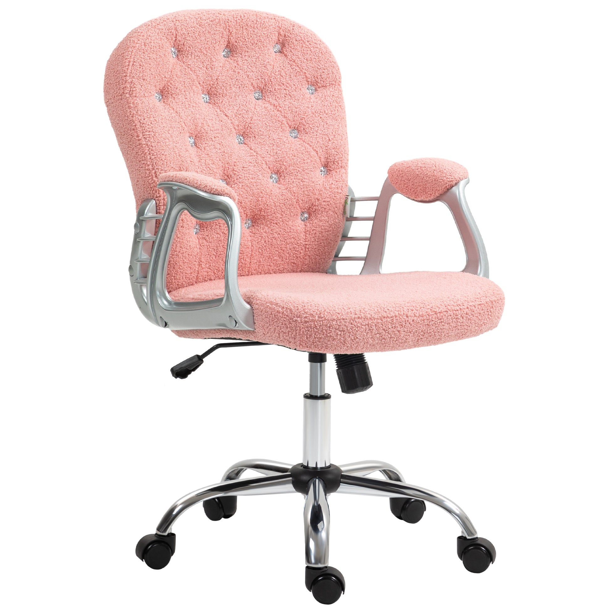 Vinsetto Teddy Fleece Home Office Chair, Button Tufted Desk Chair With Padded Armrests, Adjustable Height And Swivel Wheels, Pink Pink Steel