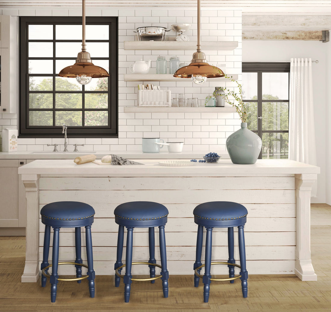 Bar Stools Set Of 2 Dark Blue Color, 360 Degree Swivel, Accent Wooden Swivel Seat Counter Height Bar Stool, Leather Upholstered Design, Barstool Perfect For Dining And Living Room Height 26" Cushion