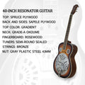 Beginner Metal Resonator Guitar, Full Size Circular Neck Traditional Resonator, Built In Preamplifier Black Brown Wood