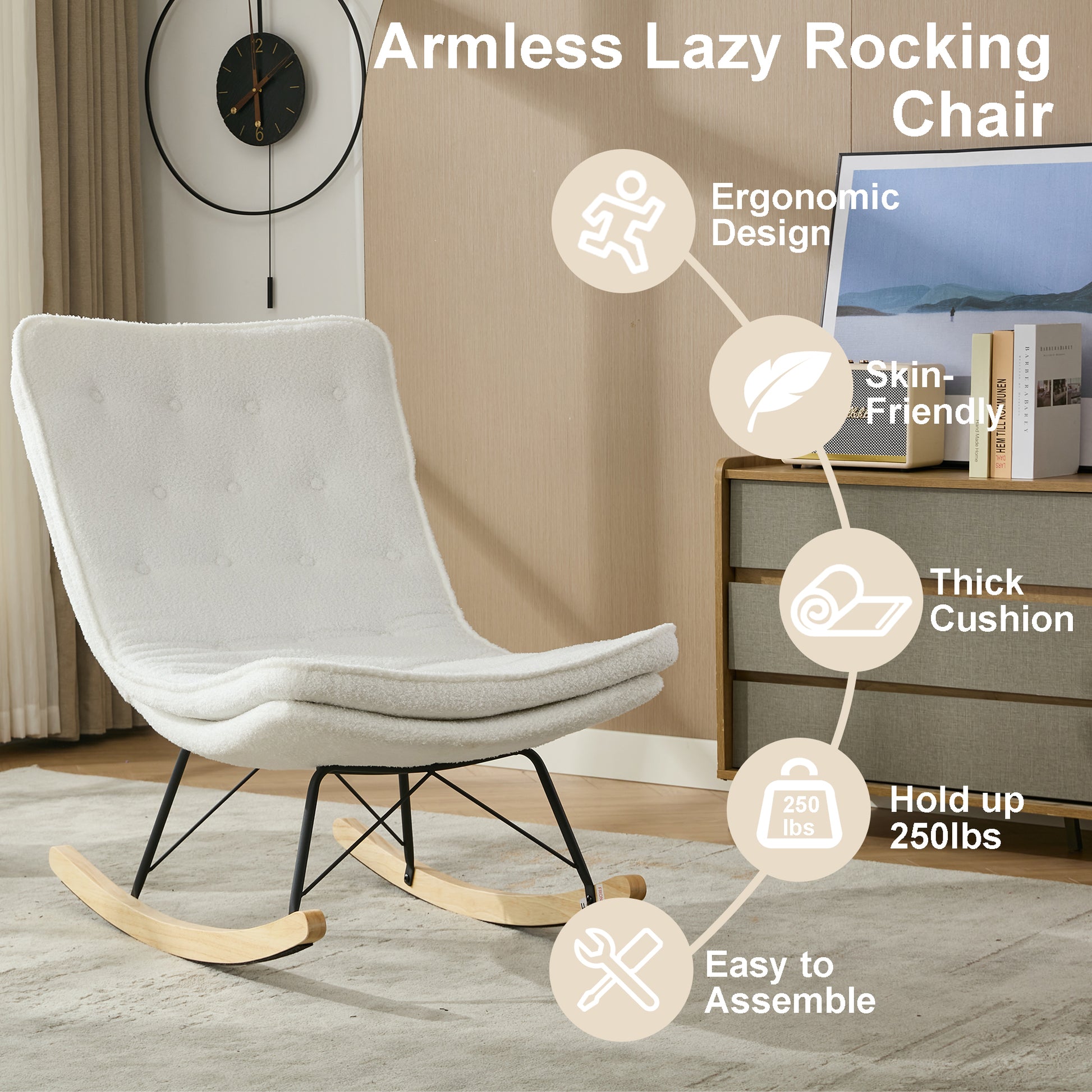 Lazy Rocking Chair,Comfortable Lounge Chair With Wide Backrest And Seat Wood Base, Upholstered Armless Rocker Chair For Living Room, Balcony,Bedroom And Patio Porch. White Cushion Iron White Primary Living Space Sponge Square Casual Rocking Chairs