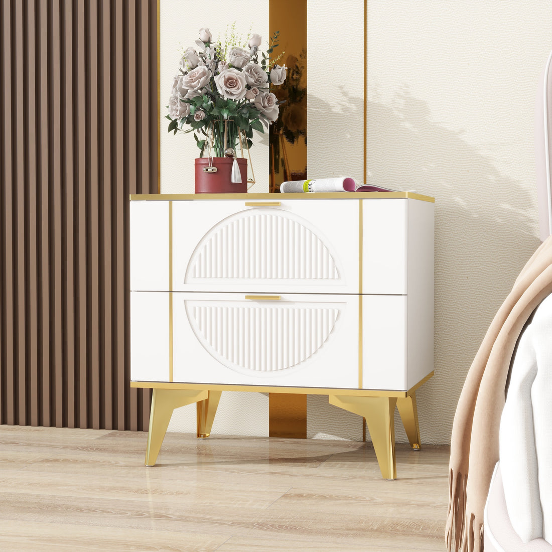 Two Pack White 2 Drawer Round Card Gold Bar Blister Nightstand White Wood