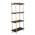 44 Inch Modern Wood Four Tier Shelf, Natural Rattan Braiding, Gold, Black Black Wood Metal