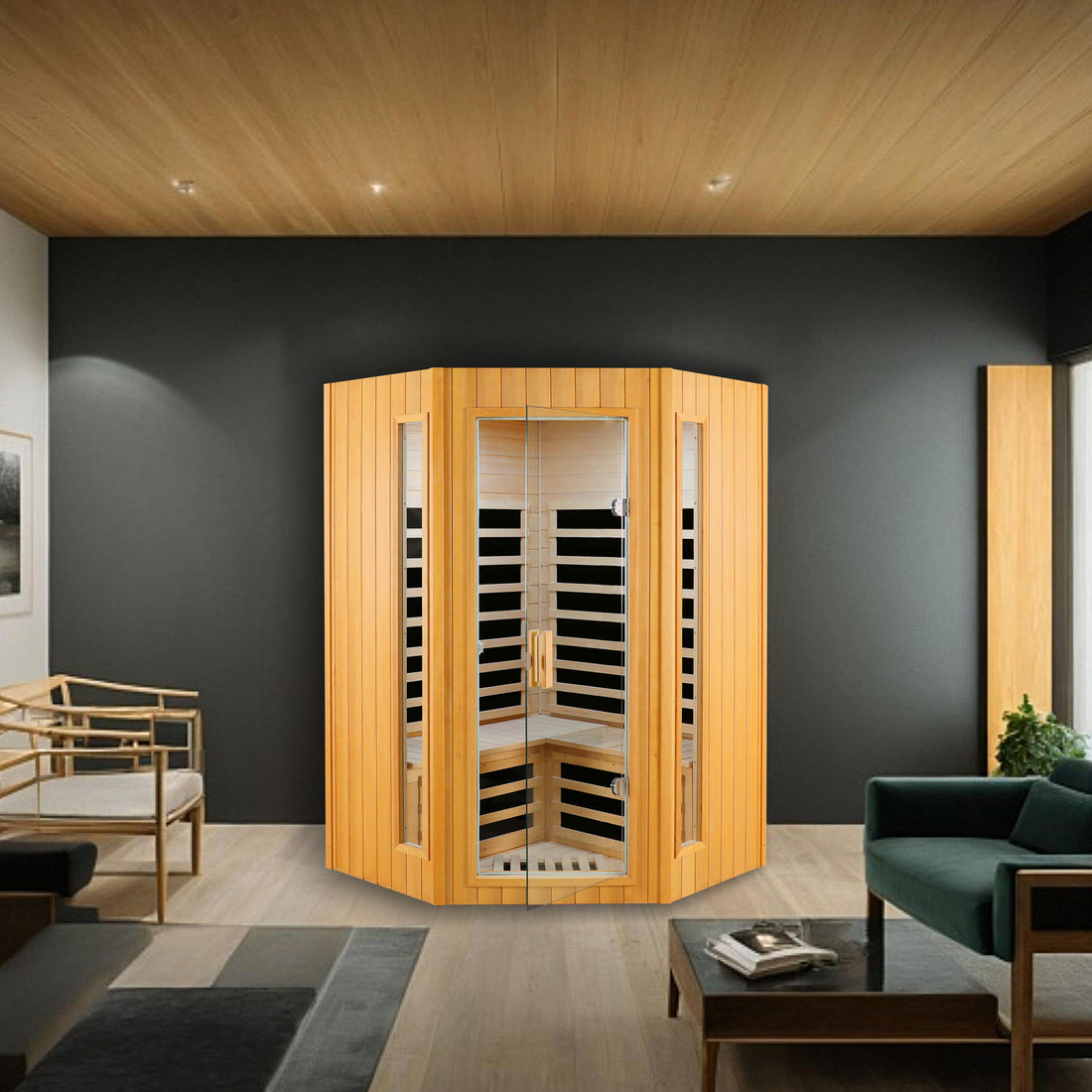 Two Person Hemlock Indoor Far Infrared Sauna Room Natural Wood Metal & Wood