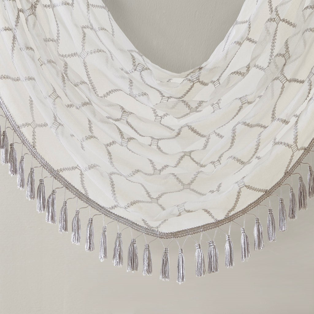 Diamond Sheer Embroidered Waterfall Valance White Grey 38X46" Grey White Polyester