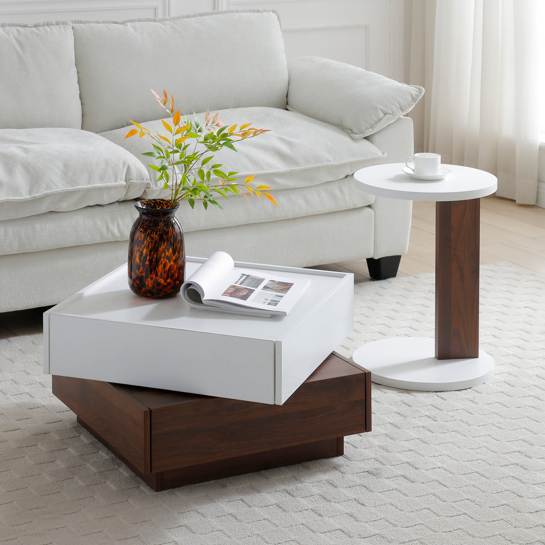 C Shaped End Table, Small Side Table For Couch, Sofa Table With Wood Frame For Living Room, Bedroom, Bedside, Rustic White And Walnut White Walnut Primary Living Space Coffee & End Tables Mdf