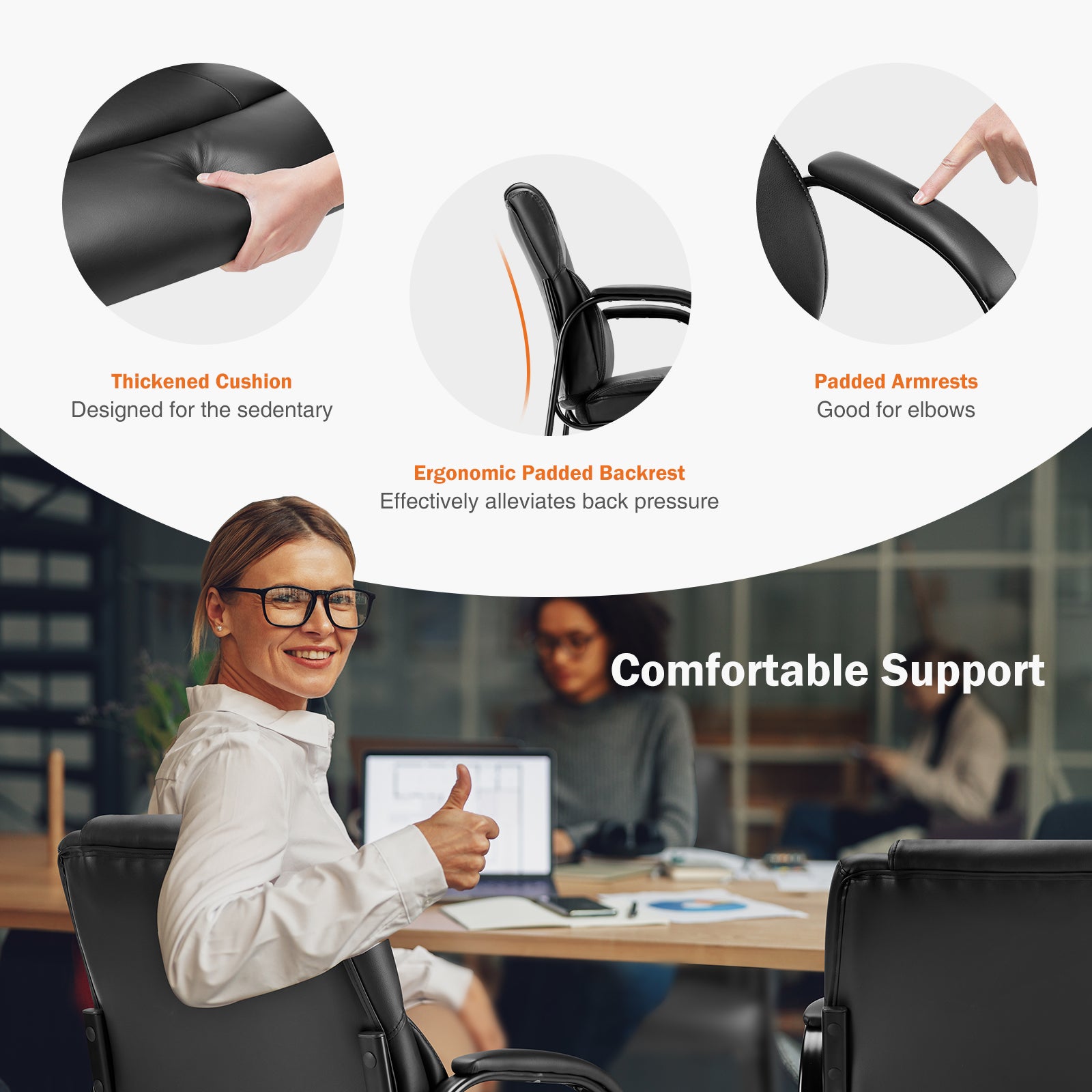 Leather Office Guest Chair No Wheels, Comfy Padded Arms And Seld Base, For Reception Conference Room Set Of 2 Black Stainless Steel