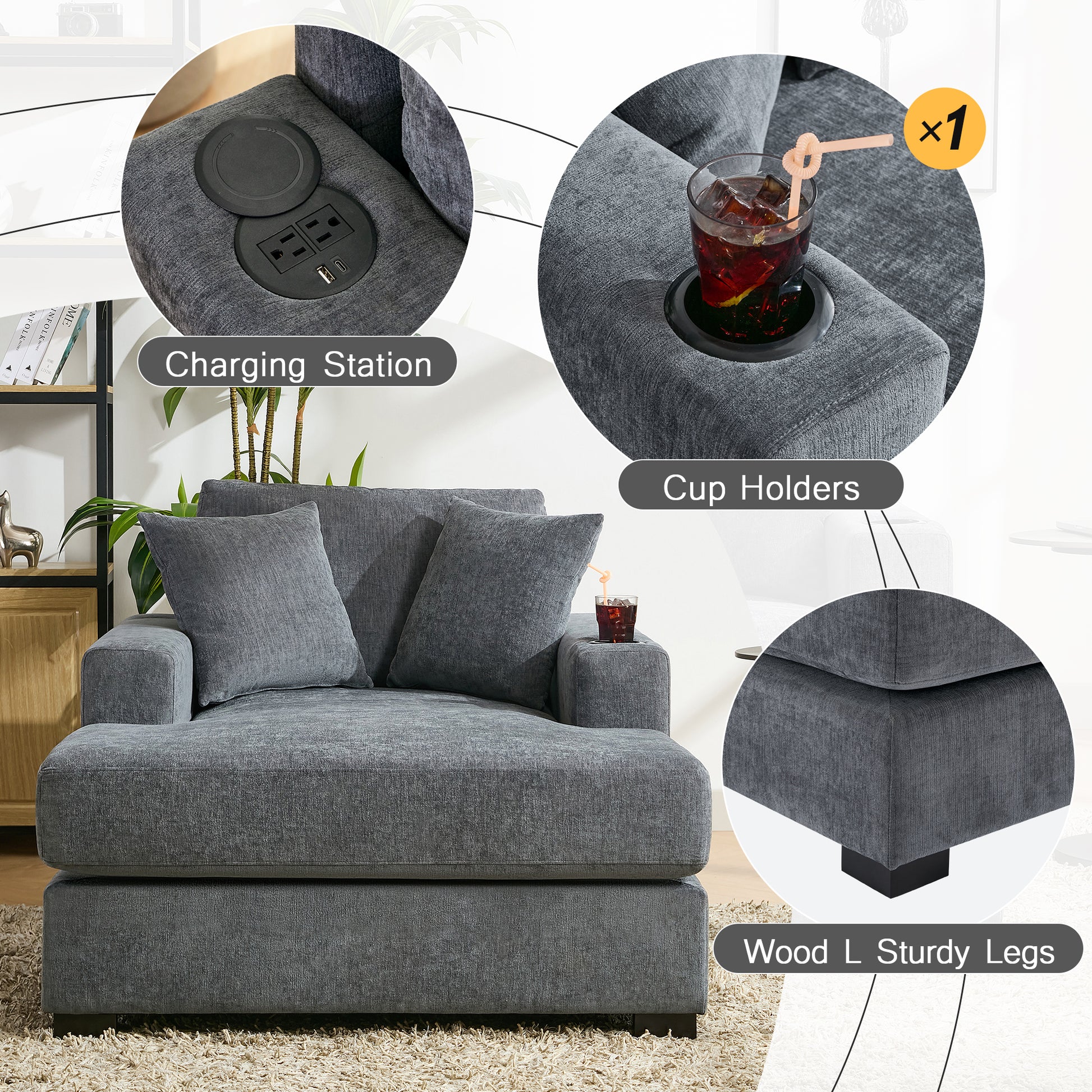 43.5" Oversized Chaise Lounger Modern Style Sofa Couch ,With Pillows, Charge Station & Cup Holders, Chenille Fabric, Blue Gray Blue Gray Chenille