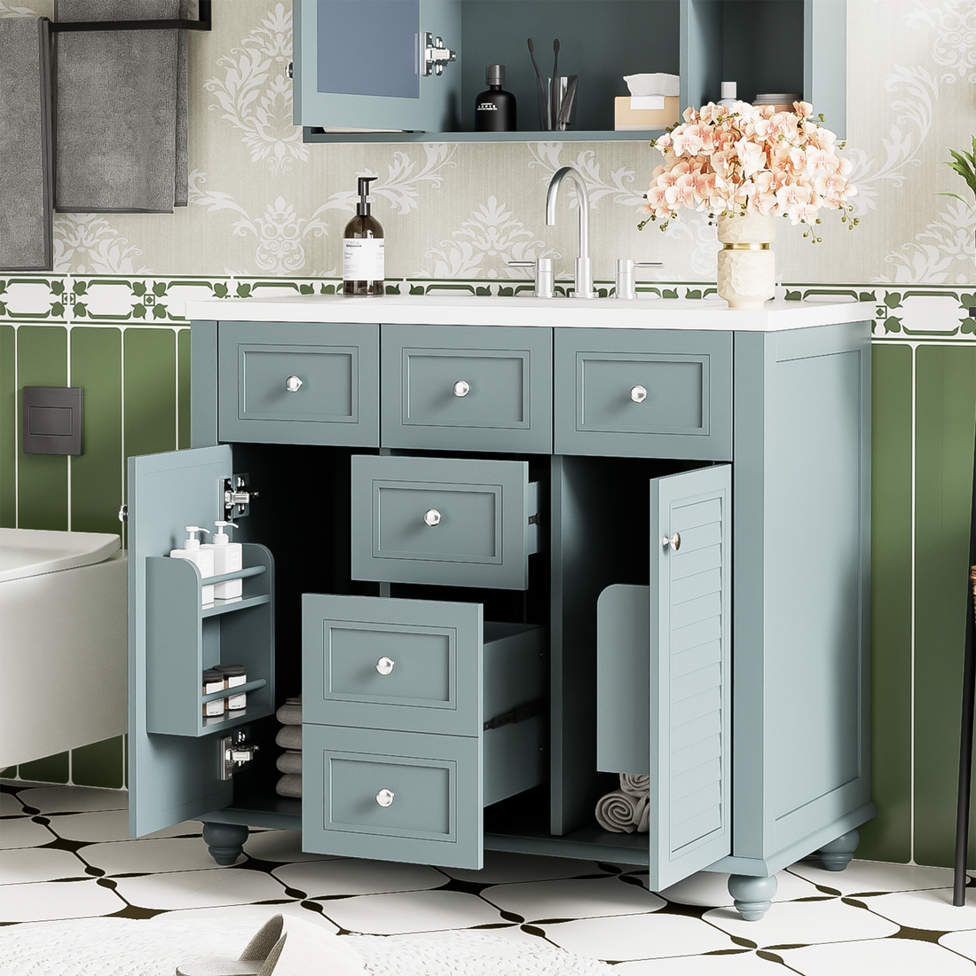 36" Bathroom Vanity Cabinet With Sink Combo Set, Undermount Resin Sink, Free Standing Vanity Set With 2 Drawers& Soft Closing Doors, Solid Wood Frame Bathroom Cabinet, Blue 2 Blue 2 Bathroom Freestanding French Country Solid Wood Mdf Resin Painted