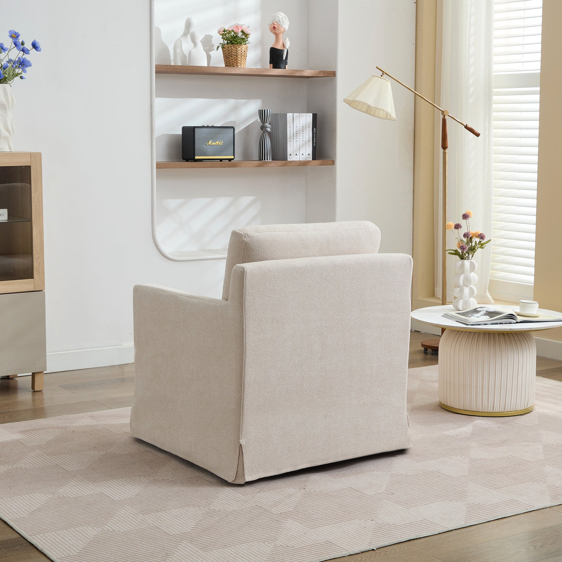 29.92'' Swivel Accent Chair, Upholstered Skirted Swivel Chair With Removable Back Cushion, 360 Degree Comfy Armchair For Living Room, Nursery, Lounge,Office,Beige Chenille Beige Chenille