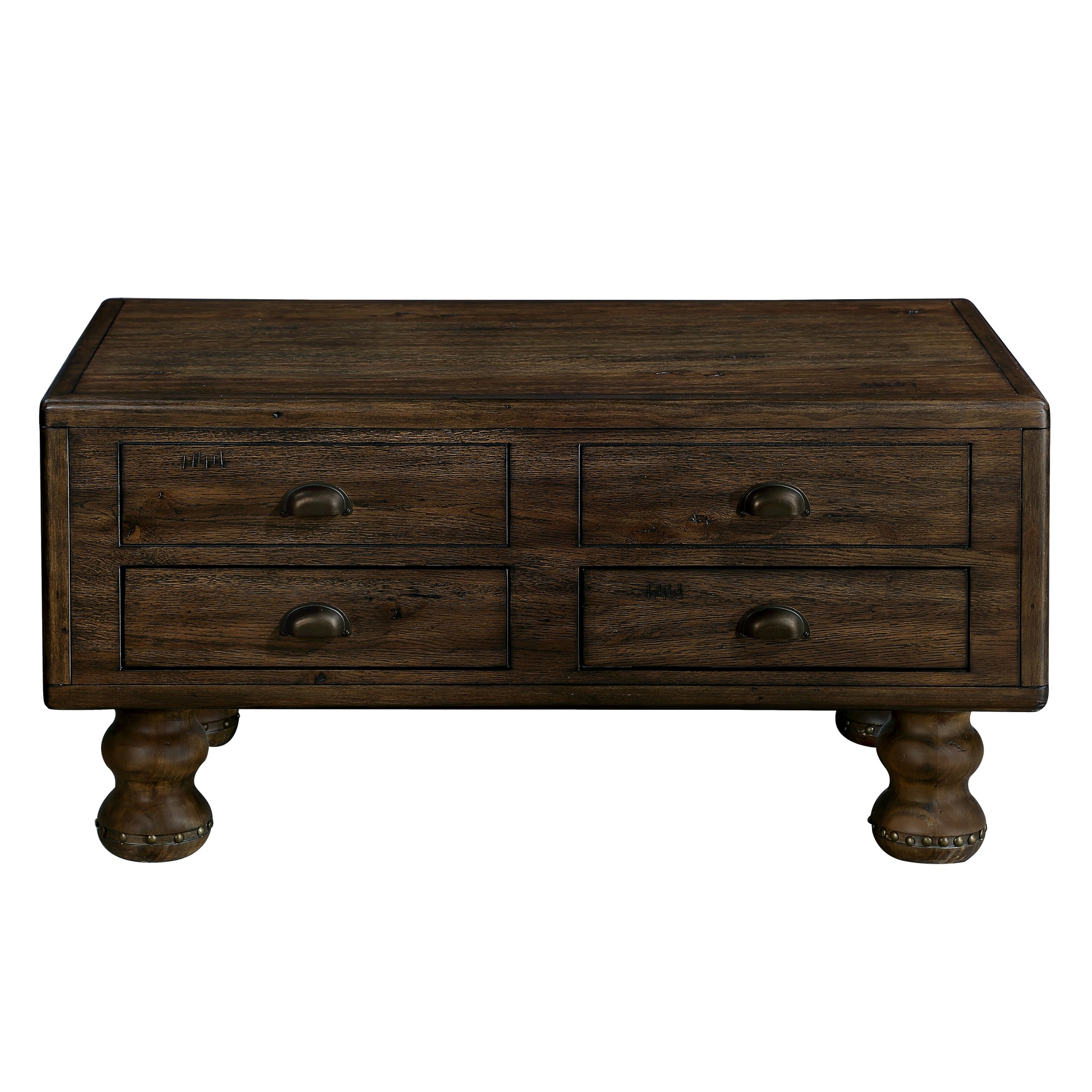 Solid Wood Rectangle Coffee Table For Living Room, 40 Inch Antique Coffee Table With 4 Drawers, Wood Center Table Tea Table With Rivet Decoration Legs.Easy Assembly, Espresso Espresso Pine