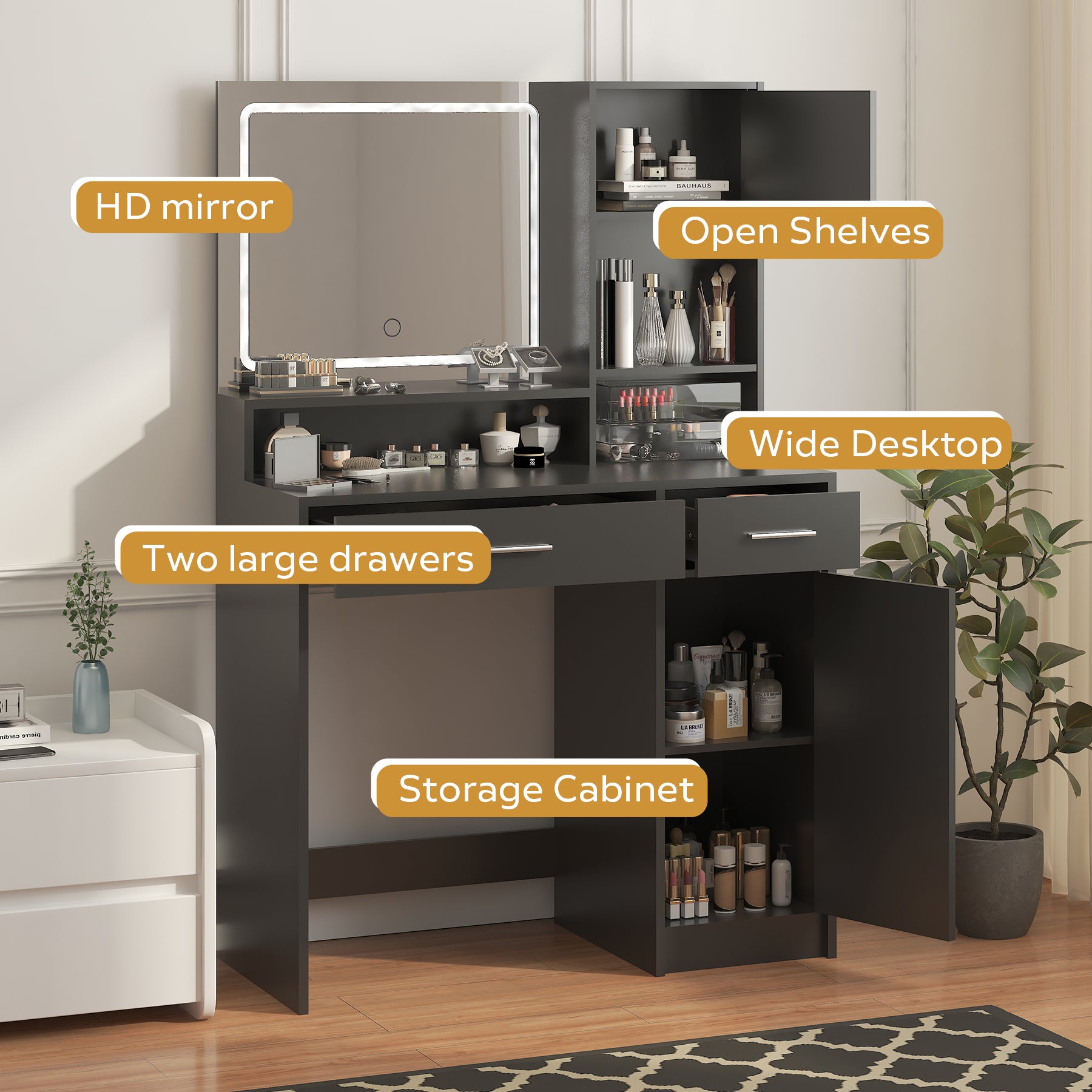 Vanity Desk With Mirror And Led Light Strip,Dressing Table With Large Drawer, 3 Level Storage Dresser & 3 Lighting Modes Adjustable Brightness, Suitable For Bedroom Black Black Particle Board
