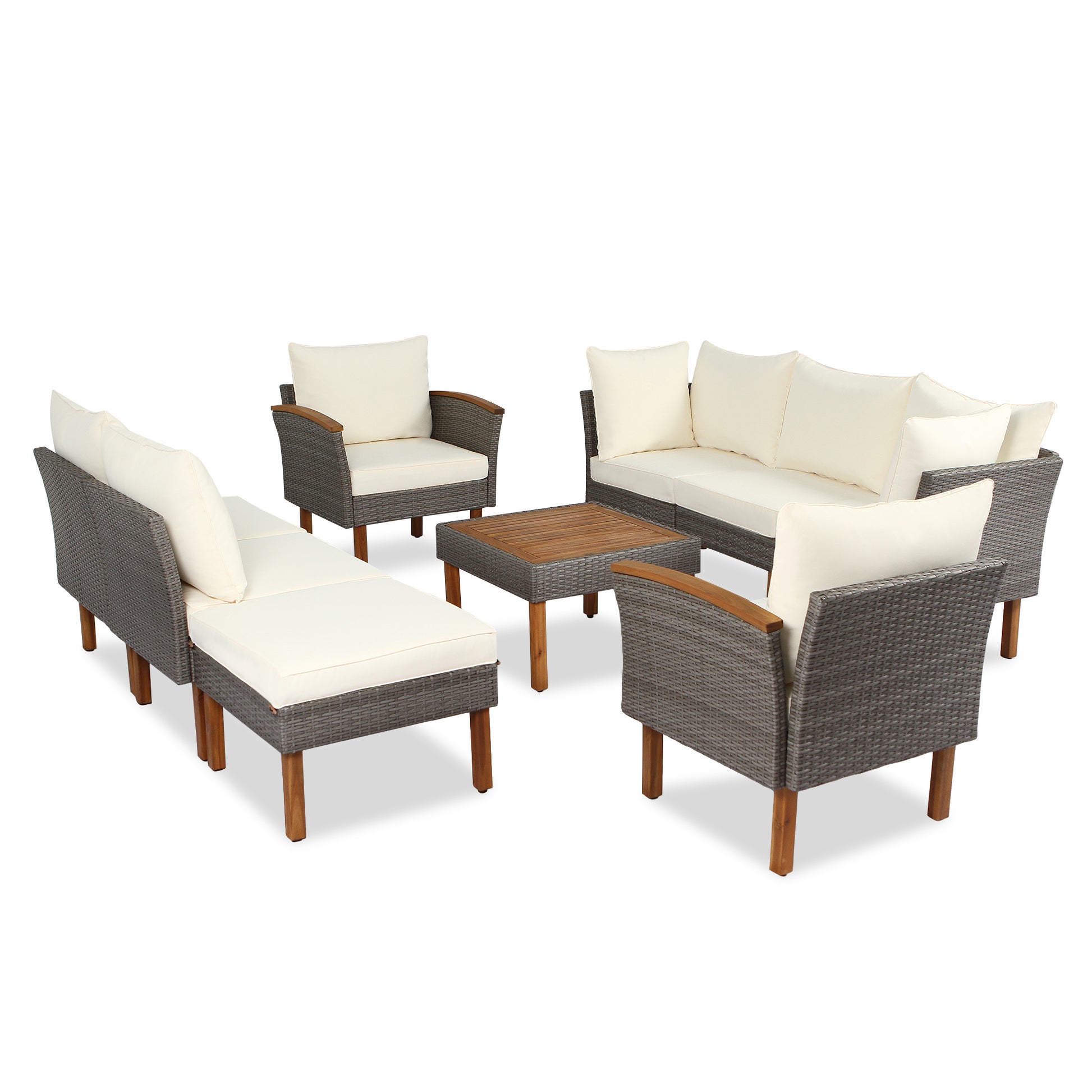 9 Piece Patio Rattan Furniture Set, Outdoor Conversation Set With Acacia Wood Legs And Tabletop, Pe Rattan Sectional Sofa Set With Coffee Table, Washable Cushion, Beige Yes Beige Garden & Outdoor Complete Patio Sets Foam Wicker