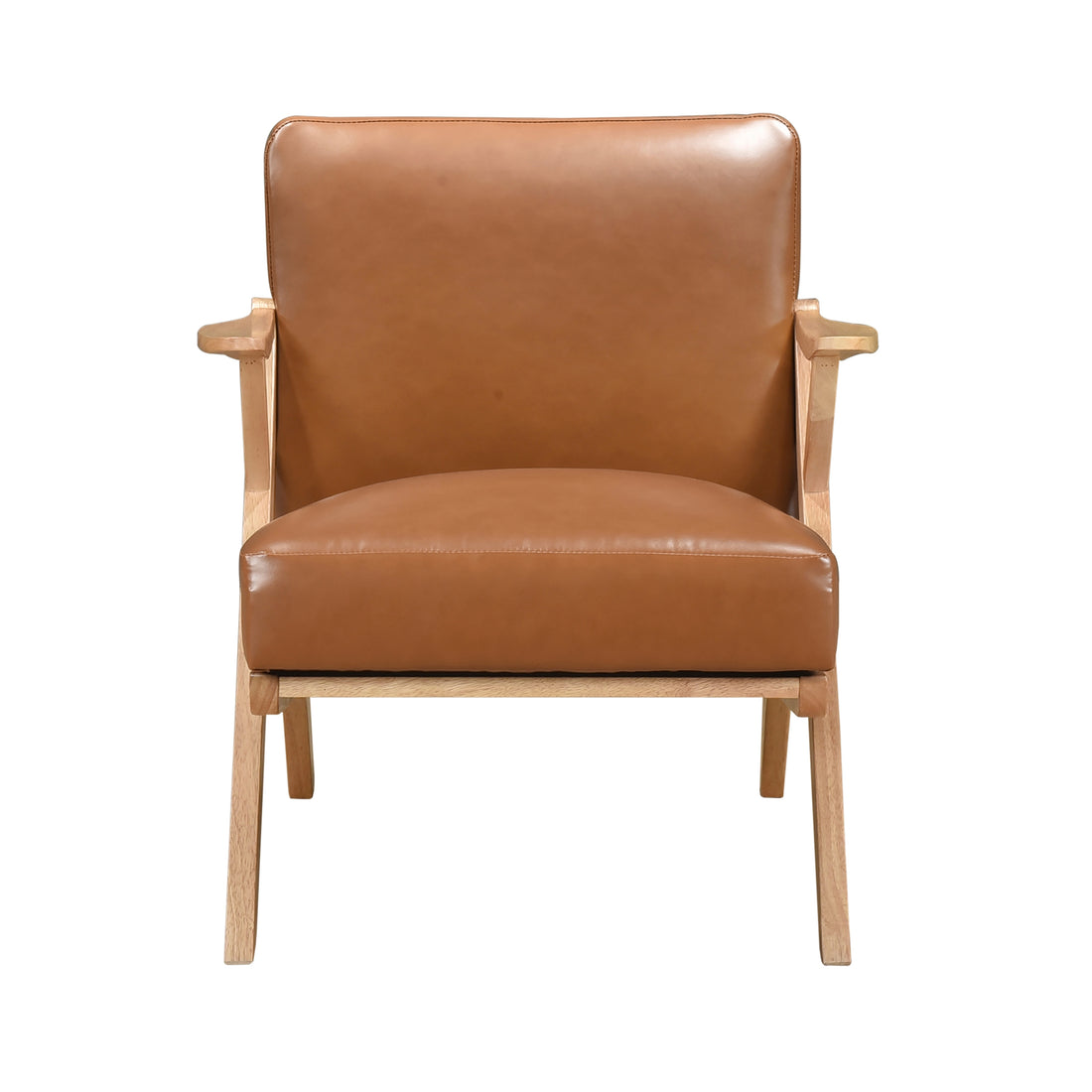 Natural Finish Solid Rubberwood Frame 1Pc Accent Chair Brown Faux Leather Upholstery Living Room Furniture Brown,Natural Primary Living Space Rubberwood Solid Wood