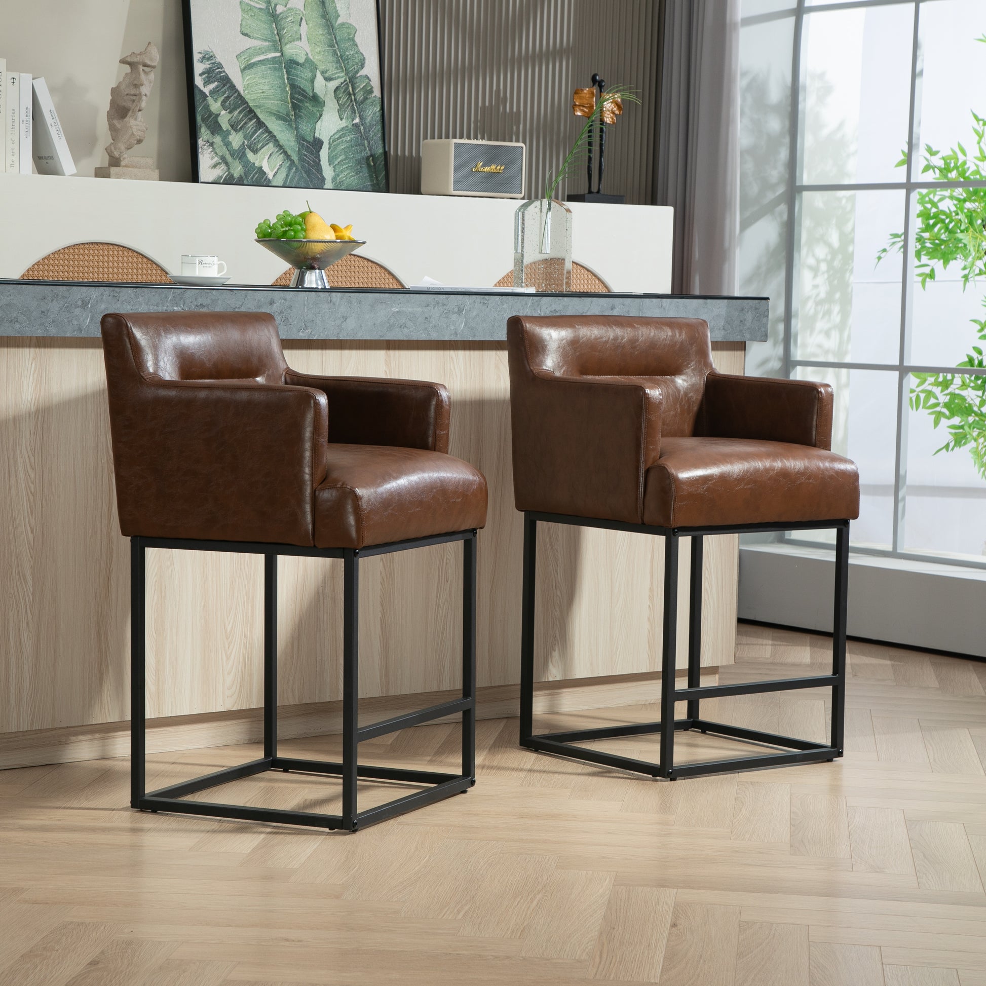 Coolmore Counter Height Bar Stools Set Of 2, Modern Square Bar Stool With Back, Black Metal Frames, Upholstered Bar Stools For Kitchen Island, Pub, Club Brown Pu Brown Pu Primary Living Space Foam Pu