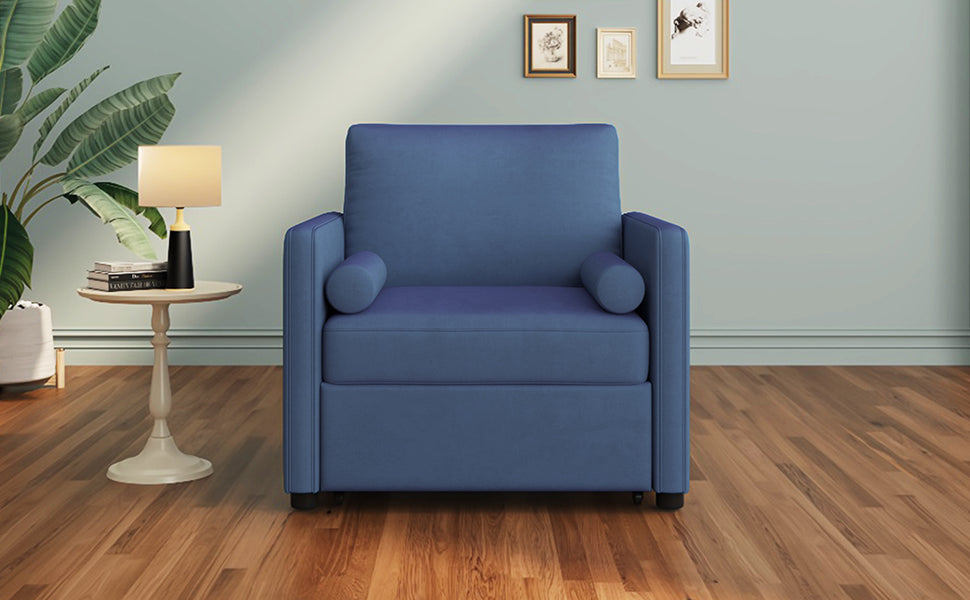 3 In 1 Convertible Sleeper Chair With Adjustable Backrest, Lounger Chair Turns Into Bed, Single Bed For Living Room, Velvet, Ink Blue Blue Velvet