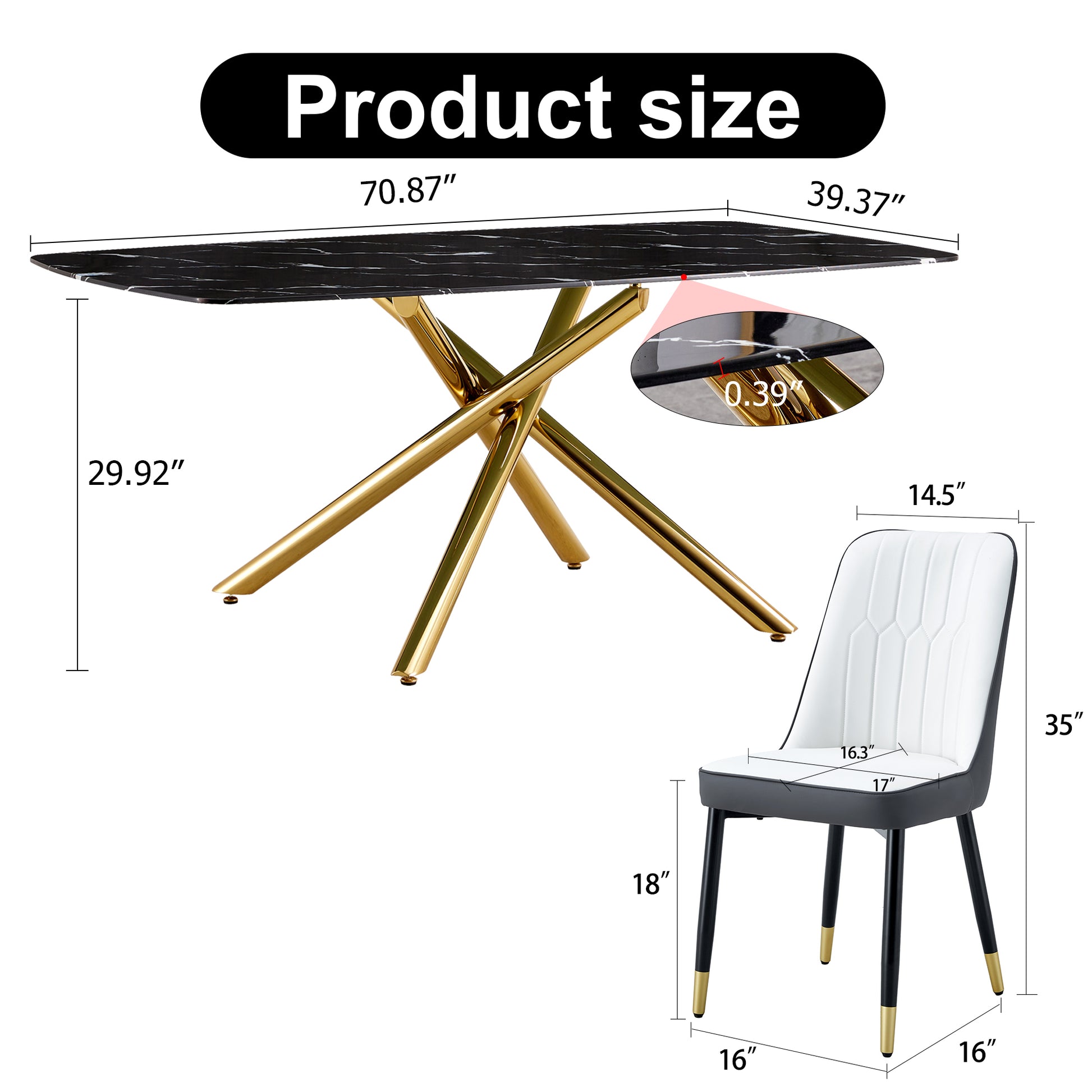 Large Modern Minimalist Rectangular Dining Table With 0.39 "Imitation Marble Black Tabletop And Golden Metal Legs, Paired With Chairs With Pu Cushions And Black Metal Legs. F 1537 C 007 Black Gold Glass Metal