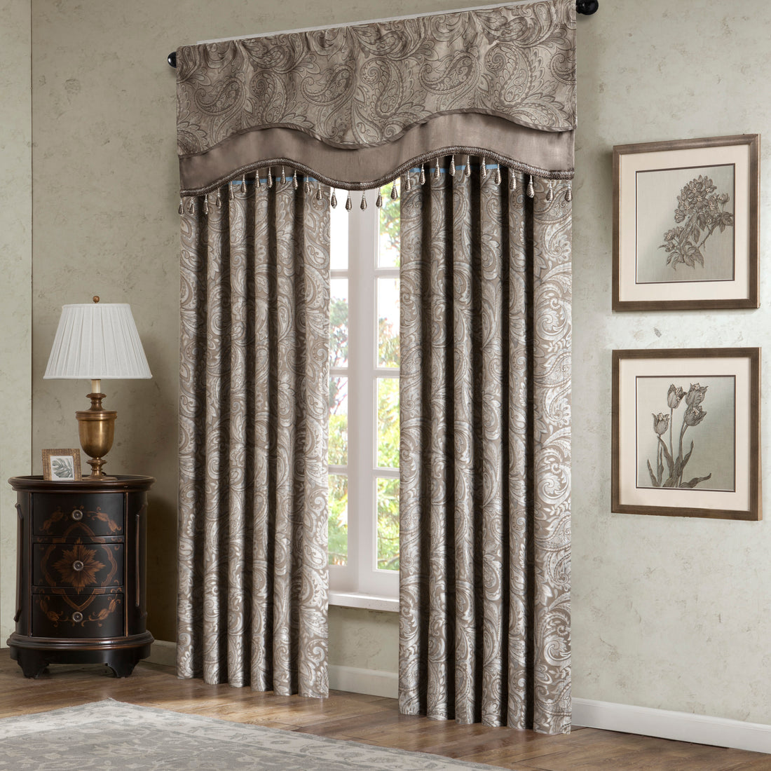 Jacquard Window Rod Pocket Valance With Beads Blue Brown 50X18" Blue Brown Polyester