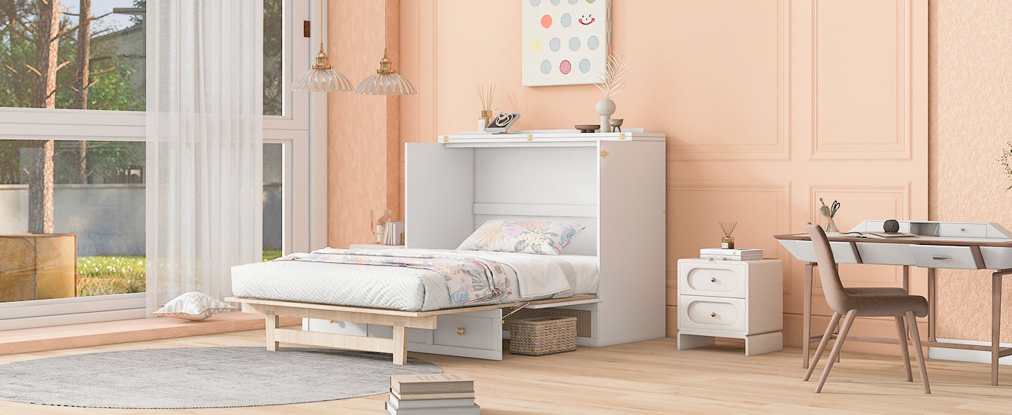 Queen Murphy Bed With Large Drawers,White Queen White Plywood