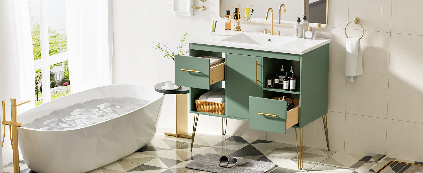 36'' Bathroom Vanity With Resin Sink Combo Set, Modern Freestanding Single Bathroom Cabinet With 2 Drawers & 2 Storage Compartments, Storage Cabinet For Bathroom, Solid Wood Frame Vanity Set, Green Green Bathroom Modern Mdf