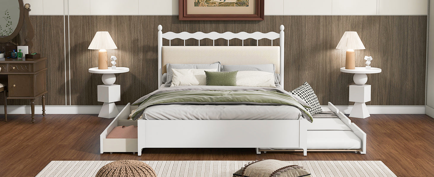 Queen Size Wooden Storage Platform Bed, With 2 Big Drawers, T Size Trundle, White Queen White Plywood