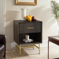 Nightstand, Modern Grooved Stripes Bed Side Table With A Drawer,Wood End Table With Golden Metal Handle And Metal Legs 1 Pieces Brown Wood Metal