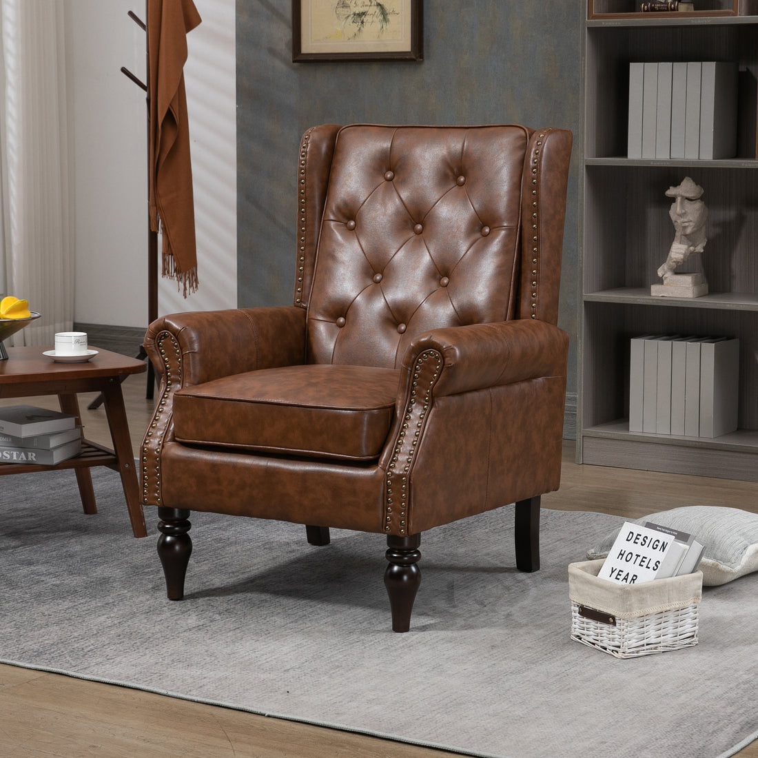 Coolmore Wood Frame Armchair, Modern Accent Chair Lounge Chair With Sturdy Wood Legs For Living Room Bedroom Brown Pu Brown Pu Foam Pu Leather