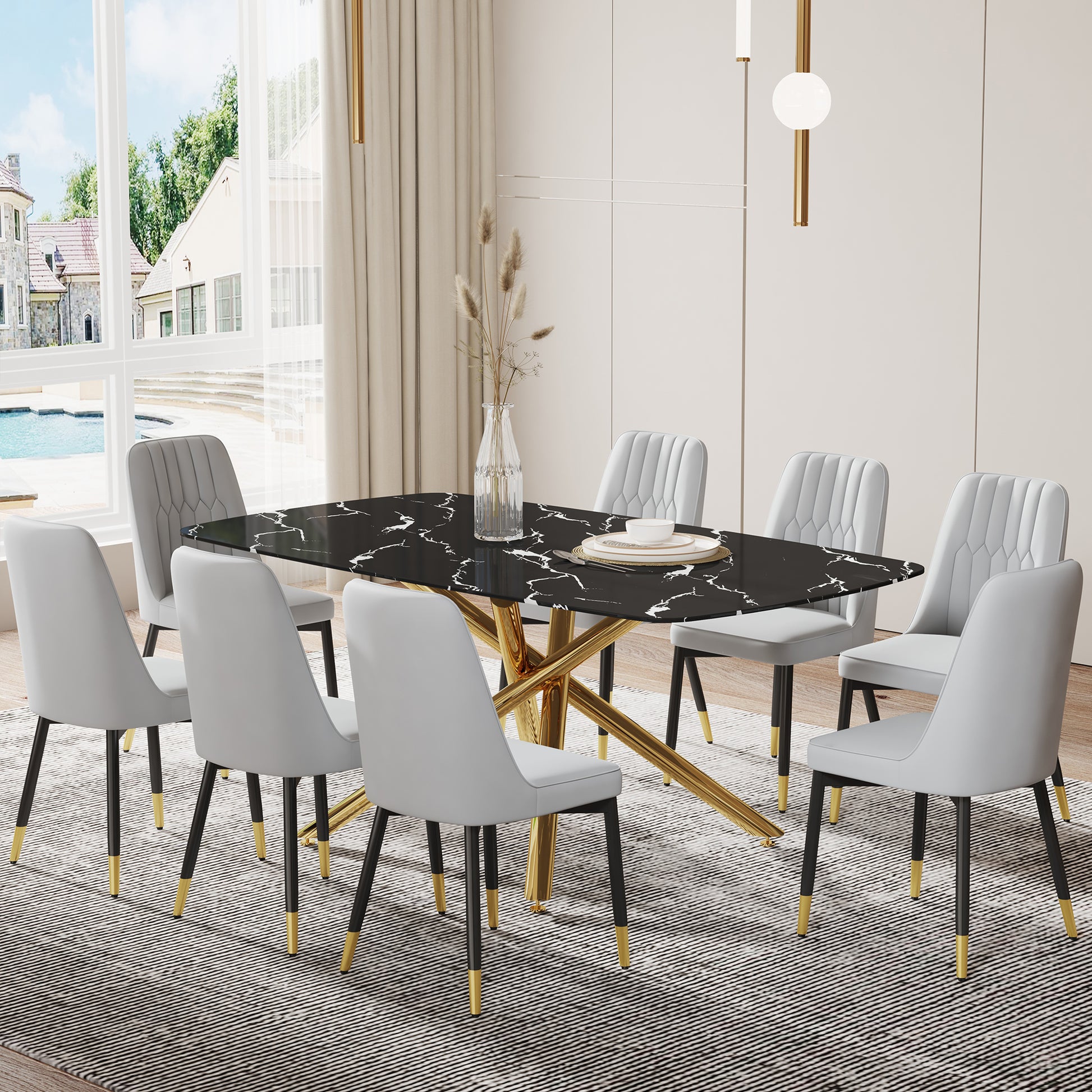 Large Modern Minimalist Rectangular Dining Table With 0.39 "Imitation Marble Black Tabletop And Golden Metal Legs, Paired With Chairs With Pu Cushions And Black Metal Legs. F 1537 C 007 Black Gold Glass Metal