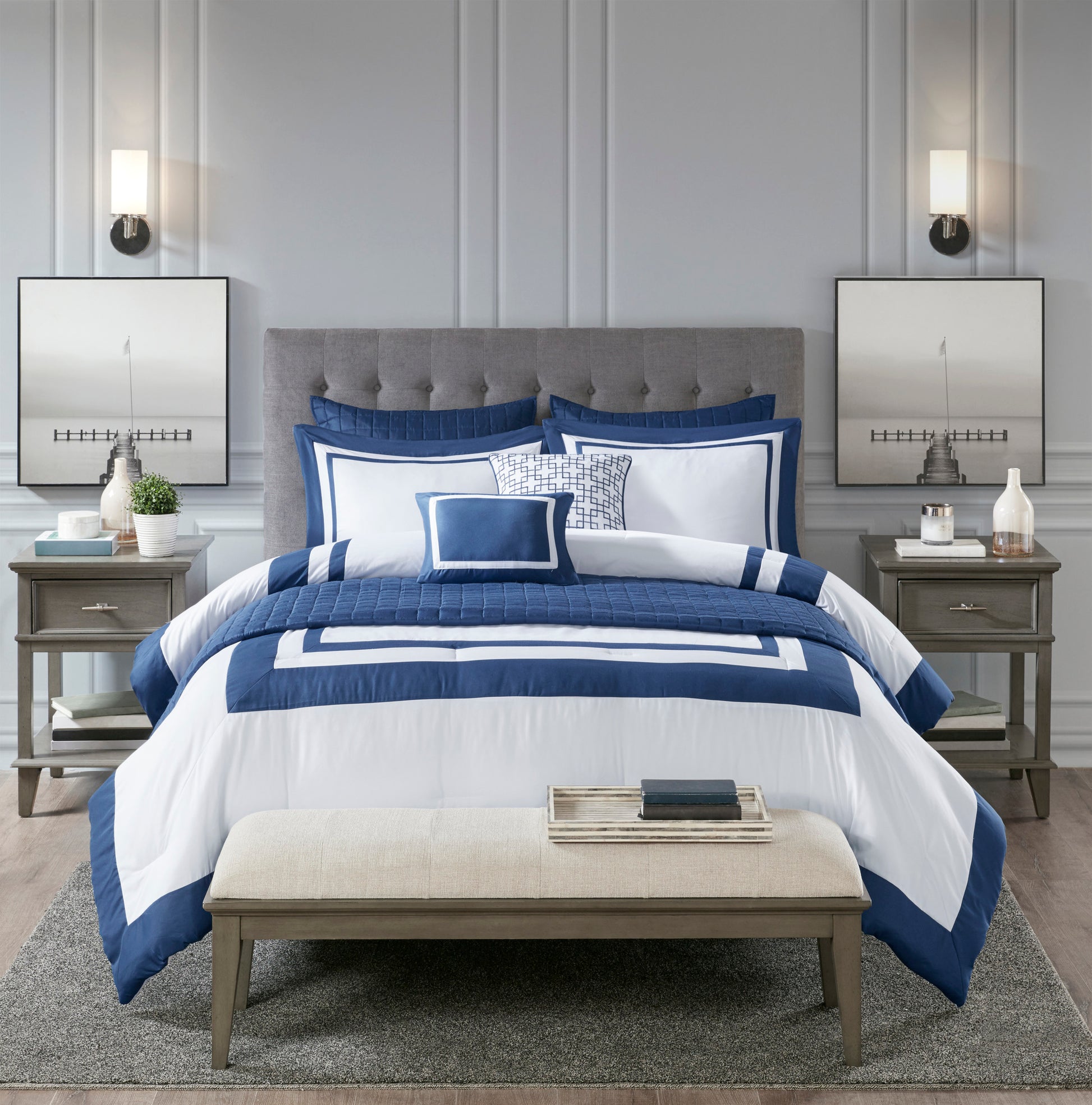 8 Piece Comforter And Quilt Set Collection Navy Full Queen Full Navy Polyester