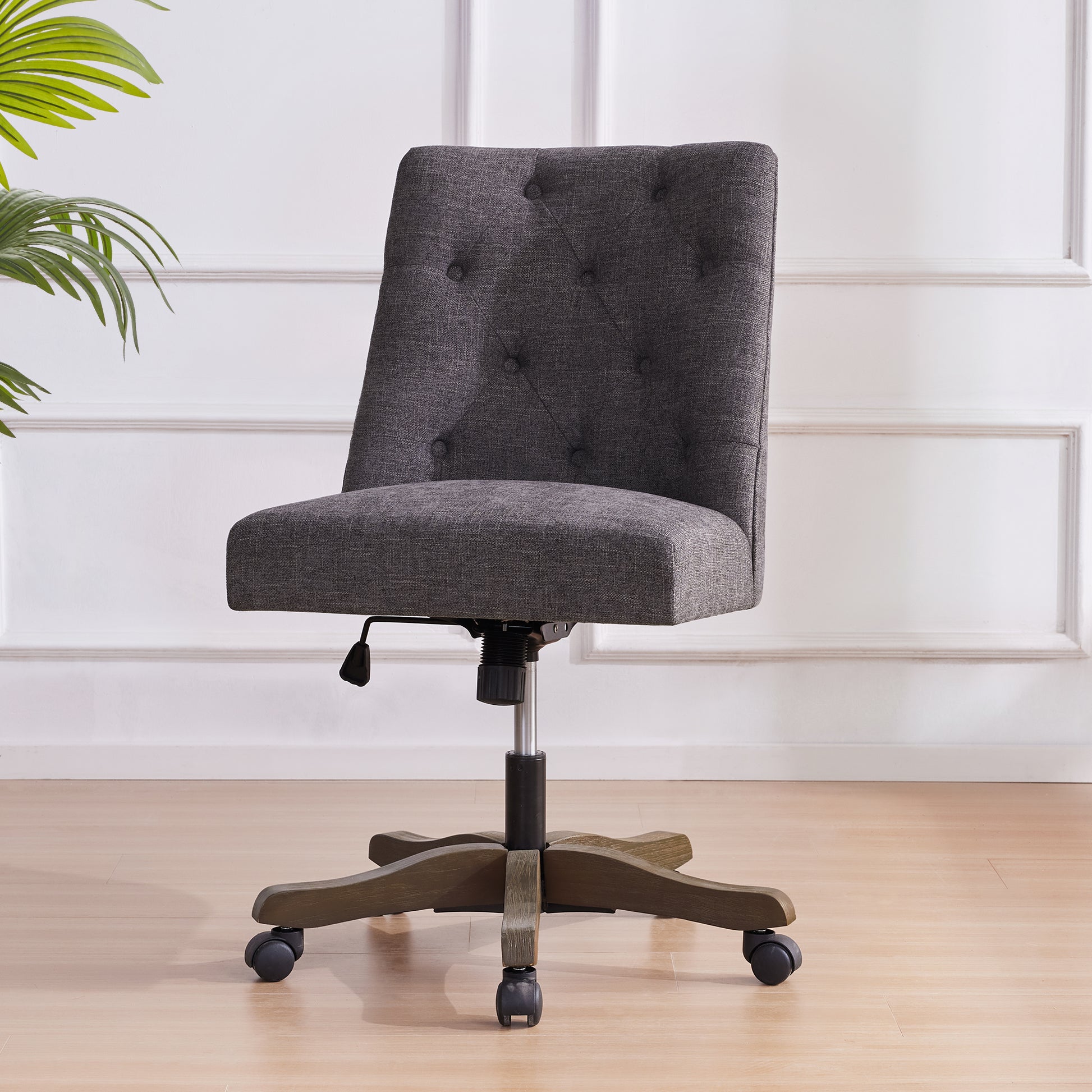 Upholstered Swivel Desk Chair, Armless Home Office Chair, Chenille Fabric Adjustable Height Computer Chair With Wheels For Study ,Grey Caster Solid Gray Office Handle Birch Wing Back Adjustable