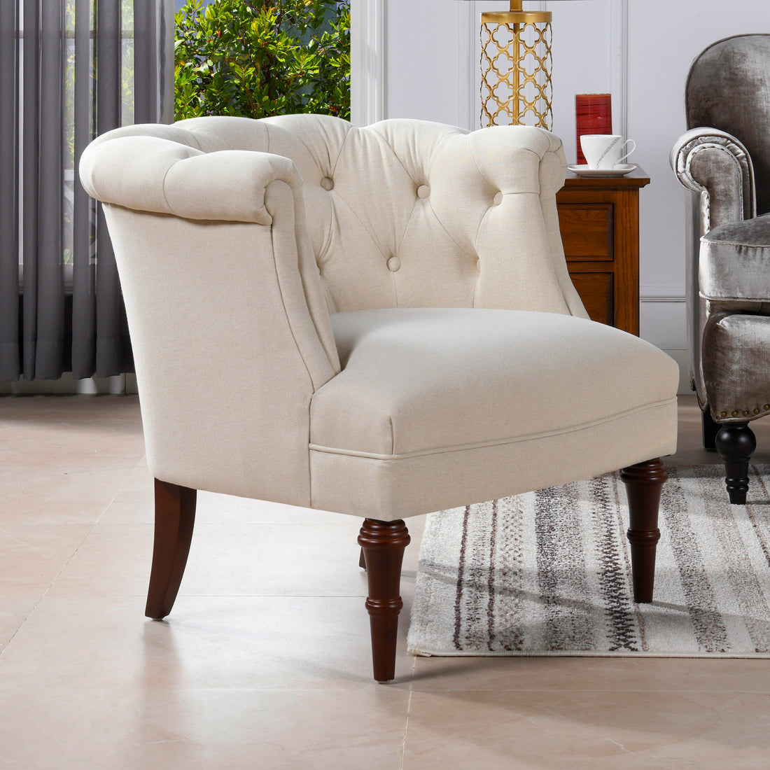 Katherine Tufted Accent Chair, Sky Neutral Beige Polyester Beige Foam Polyester