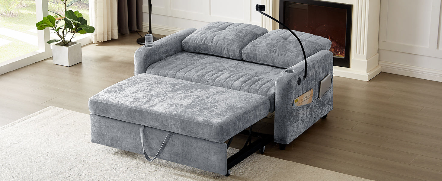 53.9" Modern Loveseat Pull Out Sofa Bed With Adjustable Backrest, Two Cup Holdersa Phone Holder, Three Charging Ports And Side Storage Pockets For Living Room, Grey Grey Foam Chenille