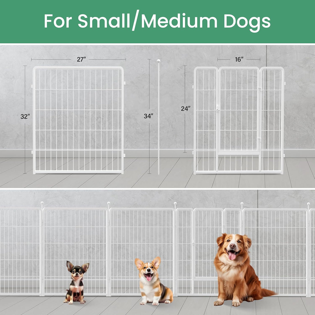 Dog Playpen, 32" Height 8 Panels Fence With Anti Rust Coating, Metal Heavy Portable Foldable Dog Pen For Small Medium Dogs Rv Camping, White White Metal