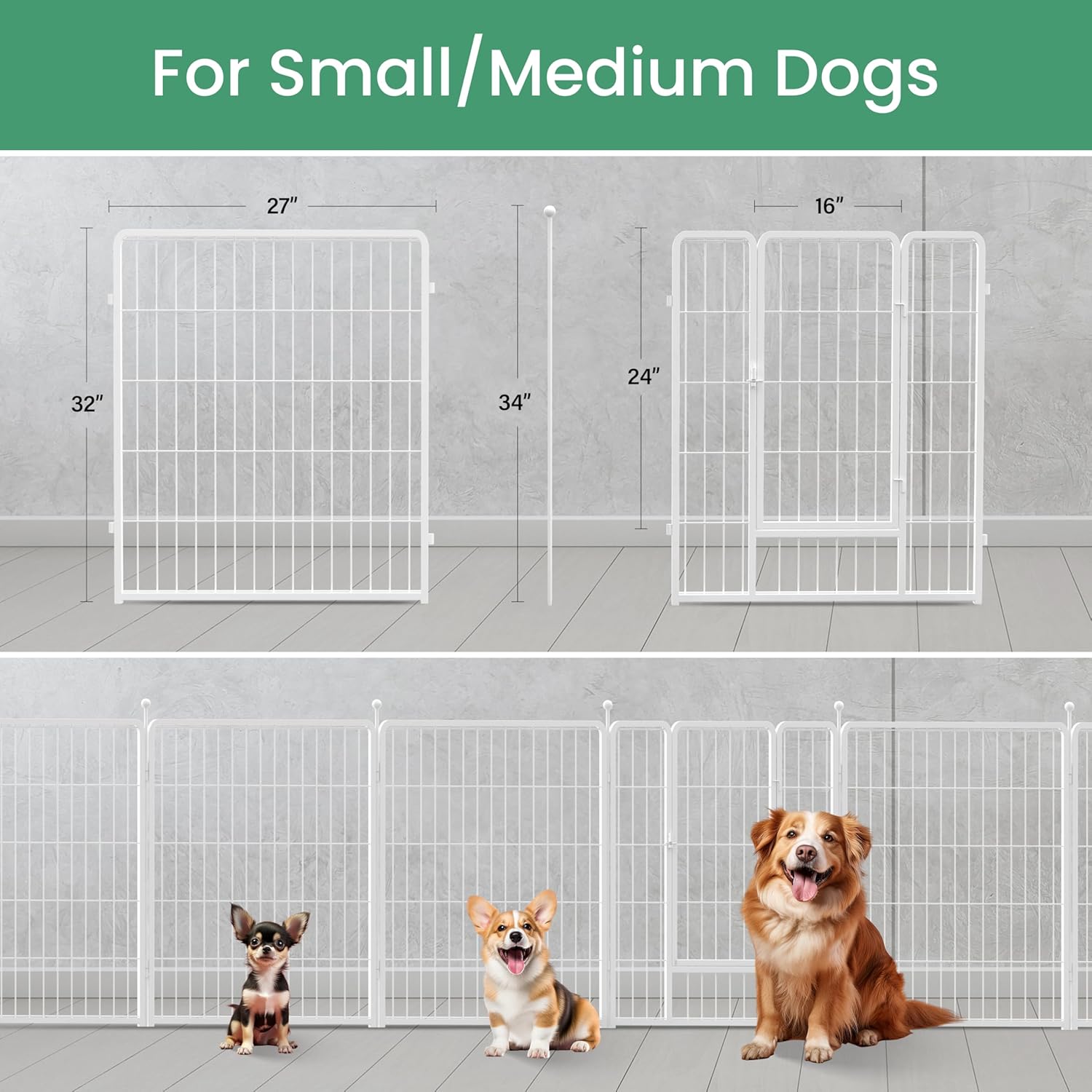 Dog Playpen, 32" Height 8 Panels Fence With Anti Rust Coating, Metal Heavy Portable Foldable Dog Pen For Small Medium Dogs Rv Camping, White White Metal